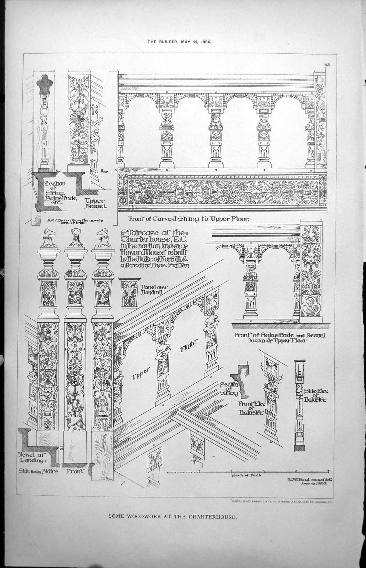 Antique Old Print Woodwork Charterhouse Staircase Howard House Newel 1886 19th