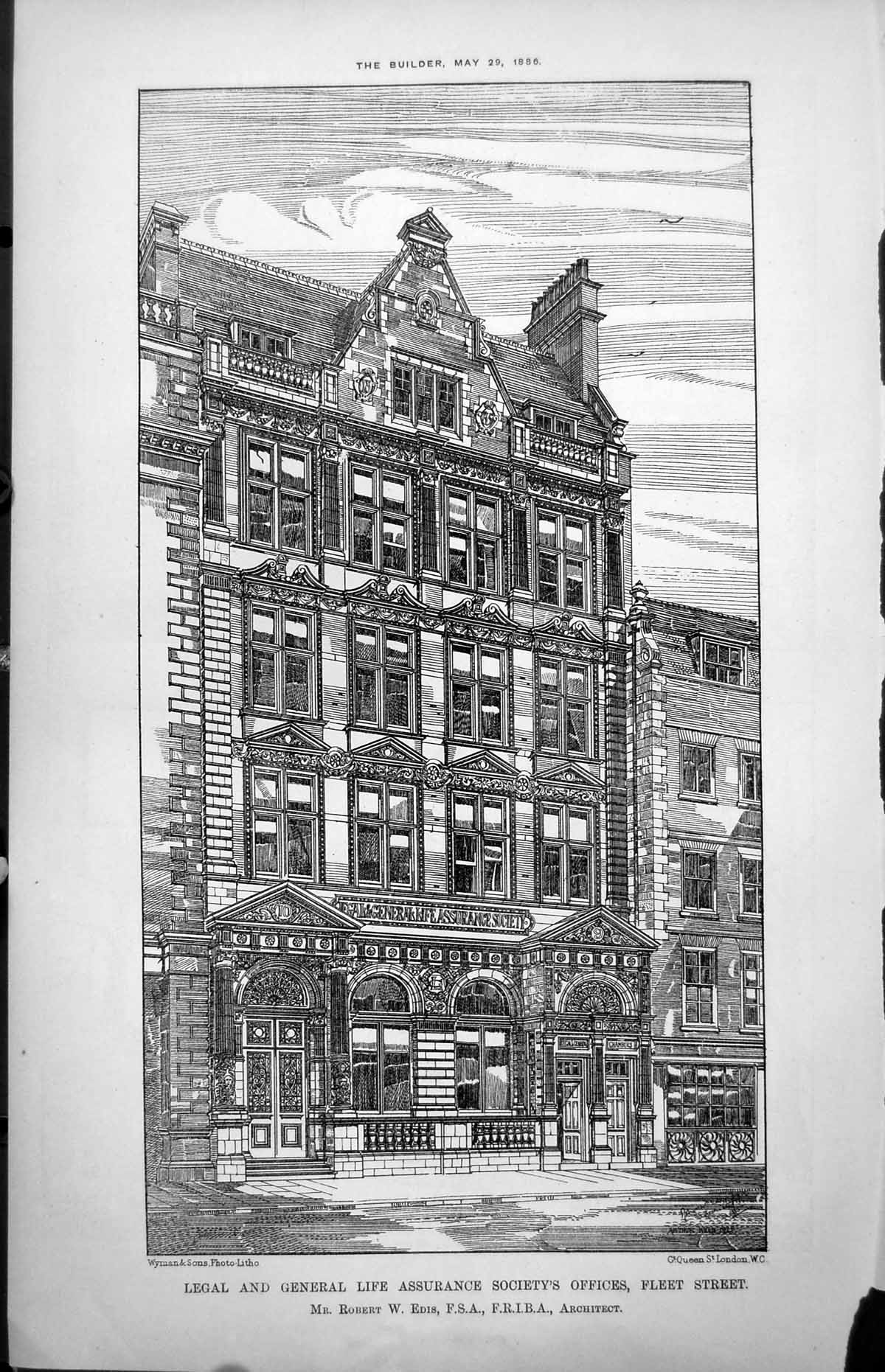 Print Legal General Life Assurance Soc Offices Fleet Street R Edis Arch 1886