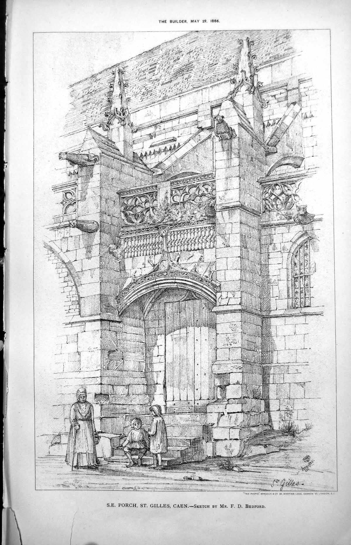 Old Exterior South East Porch St Gilles Caen Sketch F D Bedford 1886Victorian