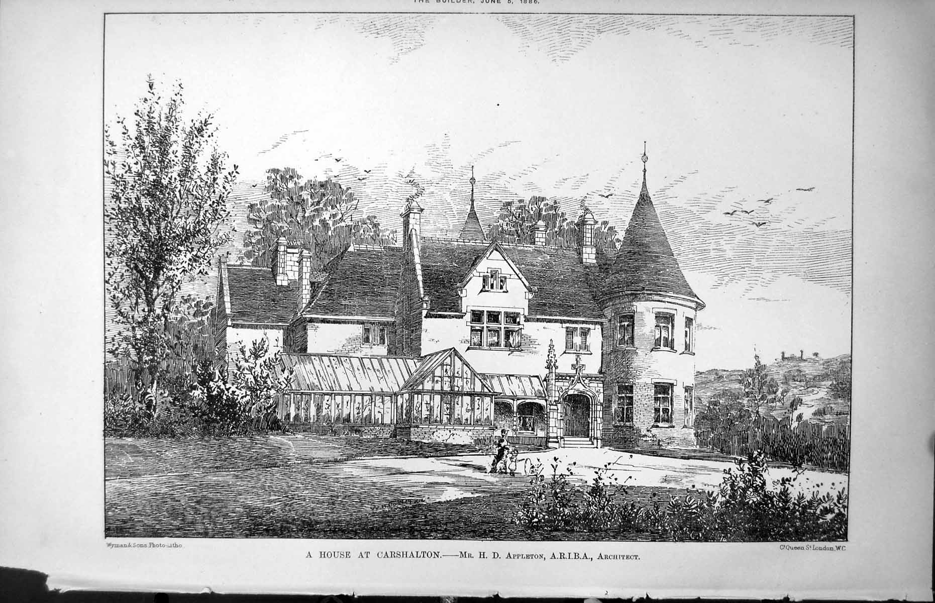 Antique Print Exterior House Carshalton Turrets H Appleton Architect 1886 19th