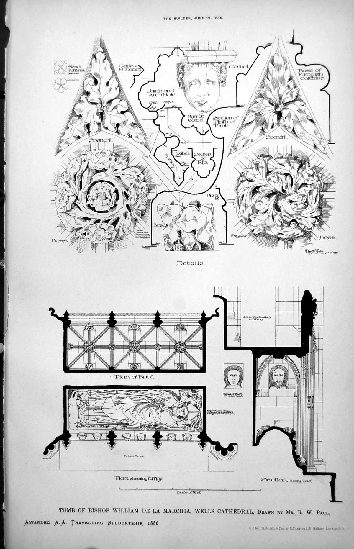 Old Print Plan Tomb Bishop William De La Marchia Wells Cathedral R W Paul 1886