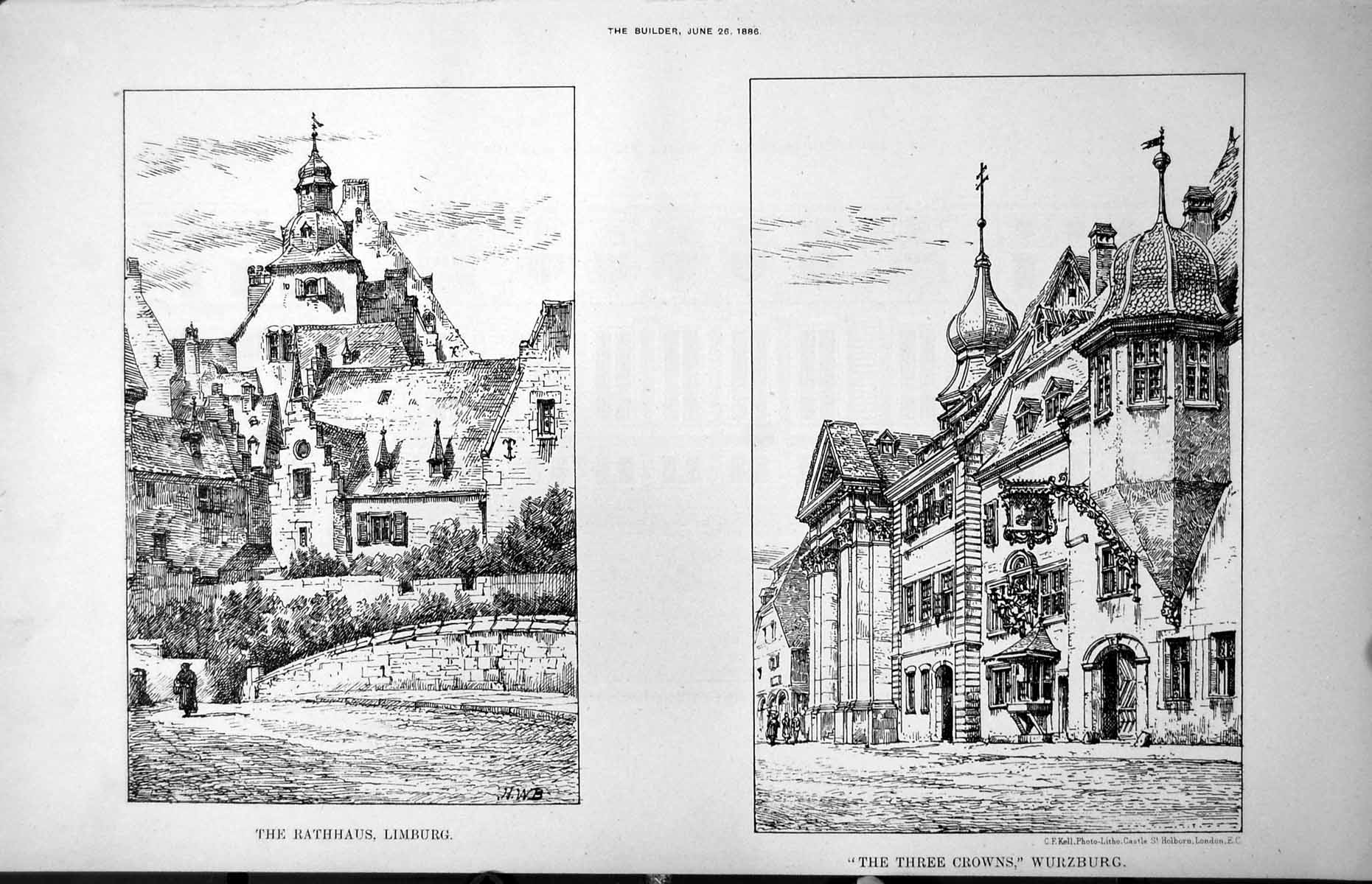 Old Antique Print Rathaus Limburg Three Crowns Wurzburg Exteriors 1886 19th