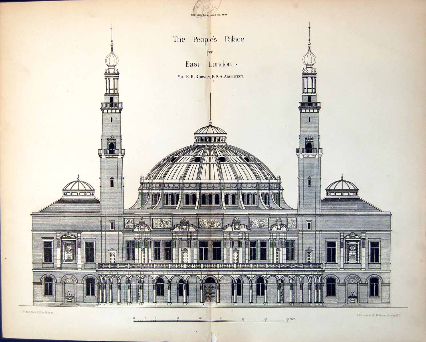 Old Print Peoples Palace East London Exterior E R Robson Architect 1886 11 19th
