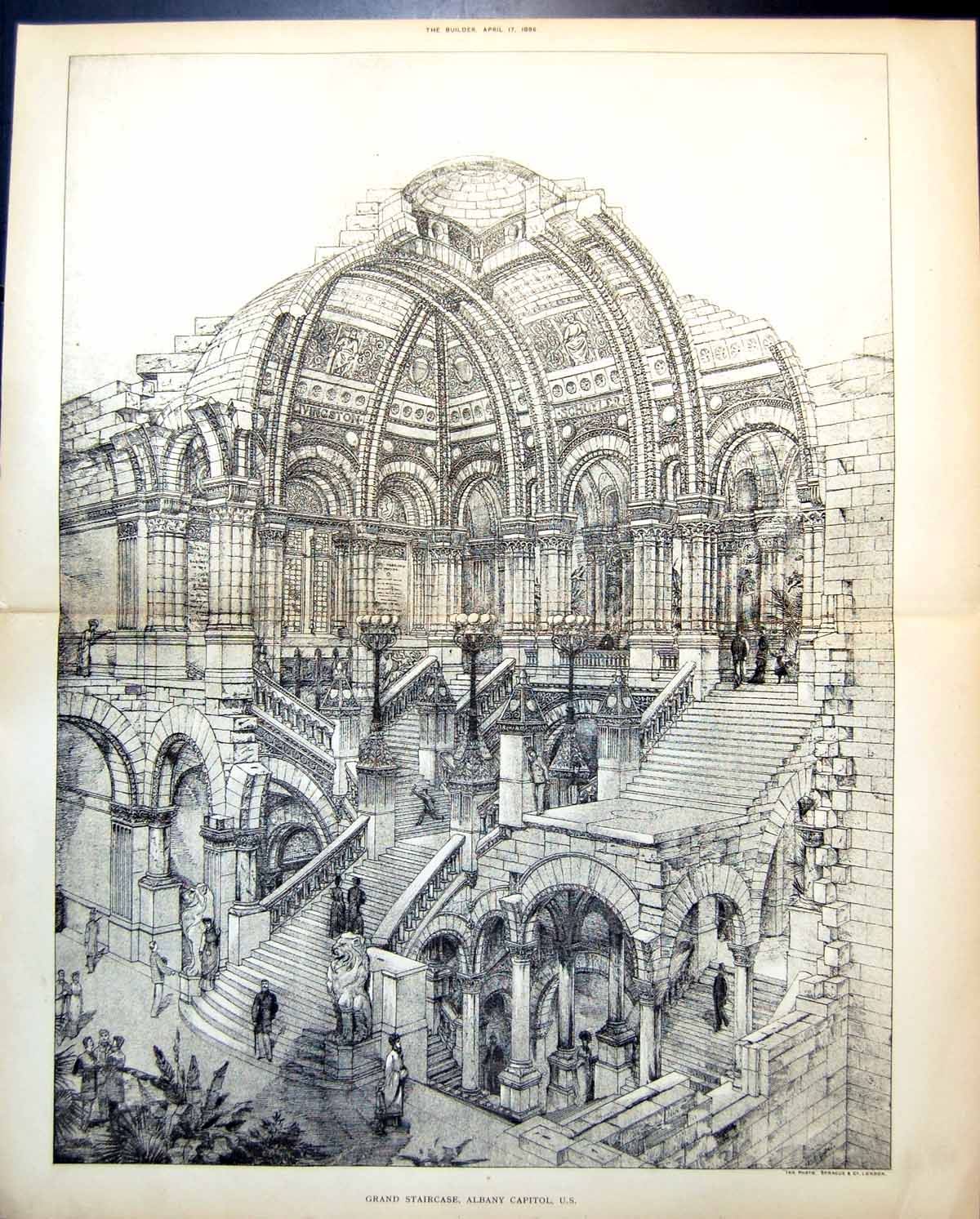 Original Old Antique Print Grand Staircase Albany Capitol United States 1886 11