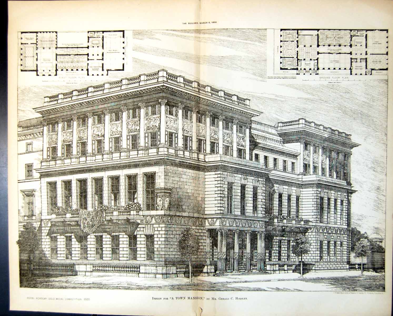 Old Print Design Town Mansion Plans Gerald Horsley R A GMedal Comp 1886 11 19th