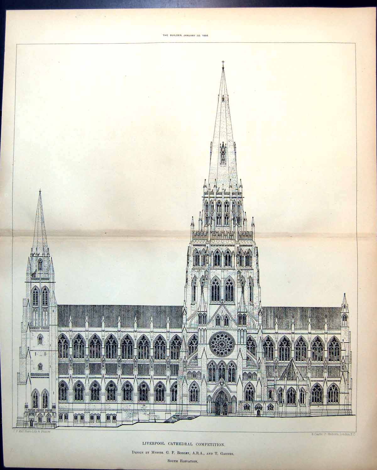 Old Print Liverpool Cathedral Comp Bodley & Garner South Elevation 1886 11 19th