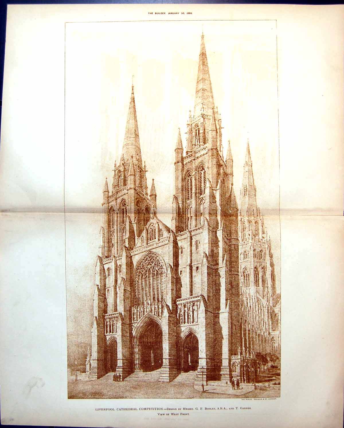 Old Print Liverpool Cathedral Cometition Bodley & Garner View West Front 1886 11