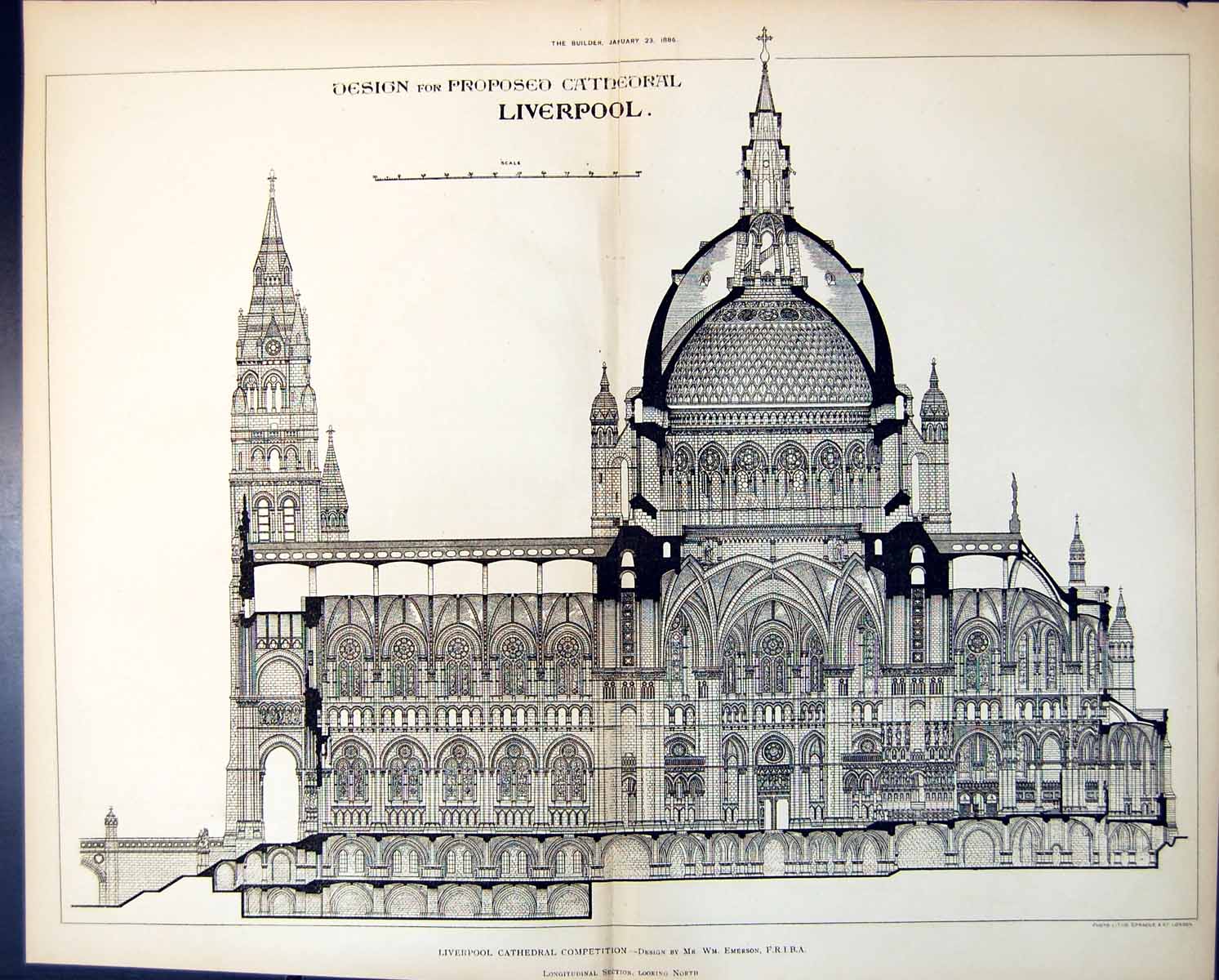 Old Print Liverpool Cathedral W Emerson Longitudinal Section North 1886 11 19th
