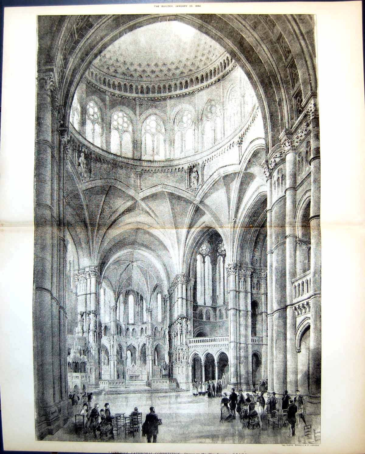 Antique Old Print Liverpool Cathedral Competition W Emerson Interior 1886 11