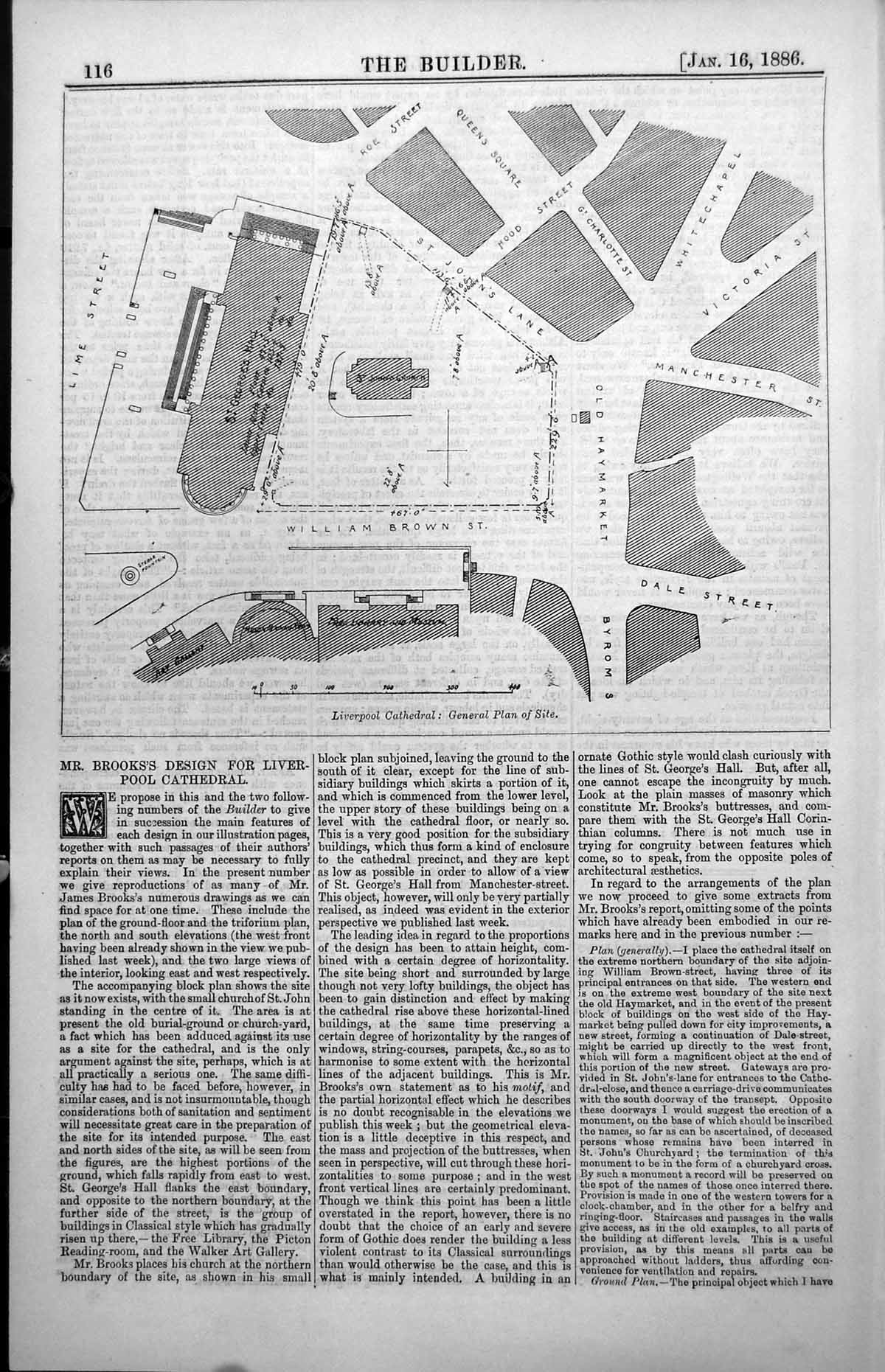 Old Antique Print Site Plan Liverpool Cathedral James Brooks Design 1886 19th