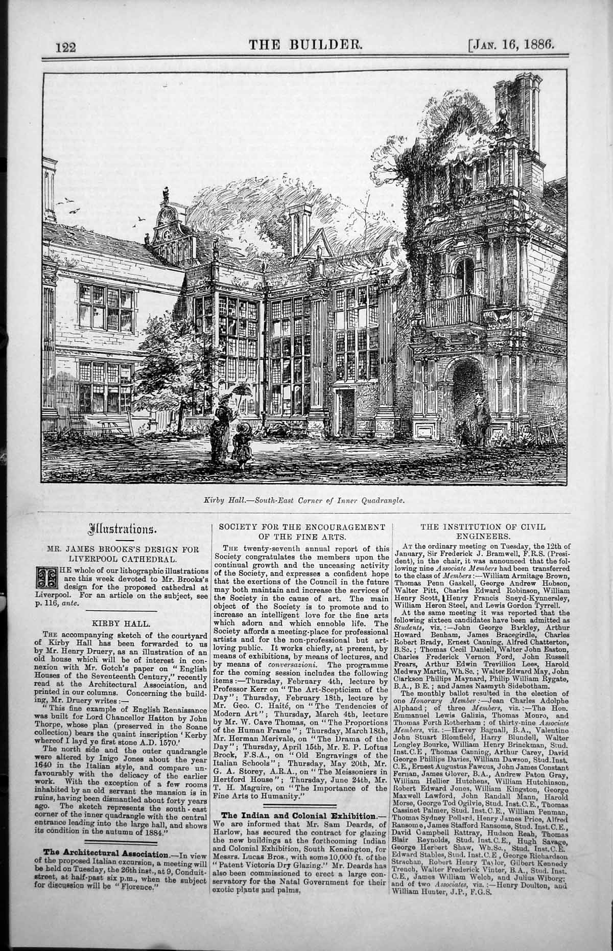 Antique Print Kirby Hall South East Corner Inner Quadrangle Courtyard 1886 19th