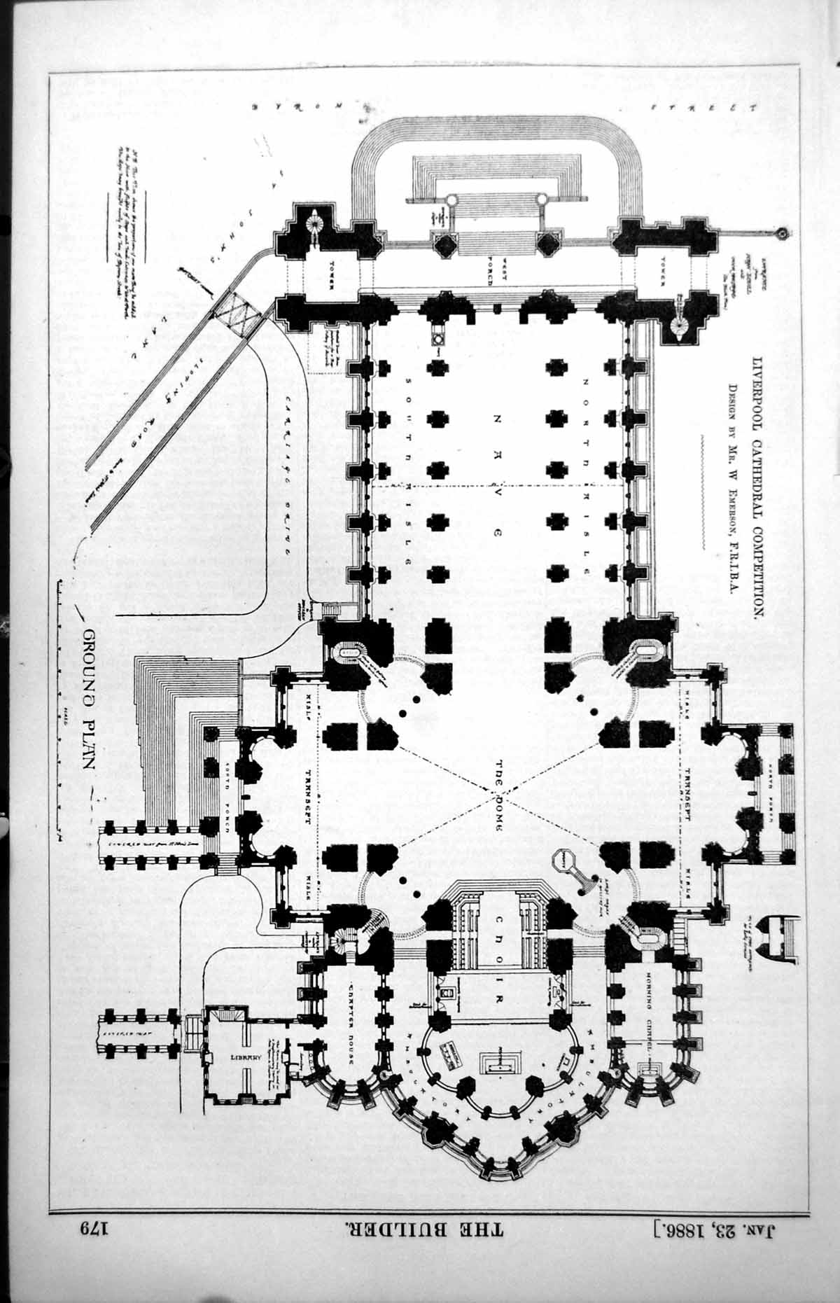Antique Old Print Plans Liverpool Cathedral Competition Design W Emerson 1886