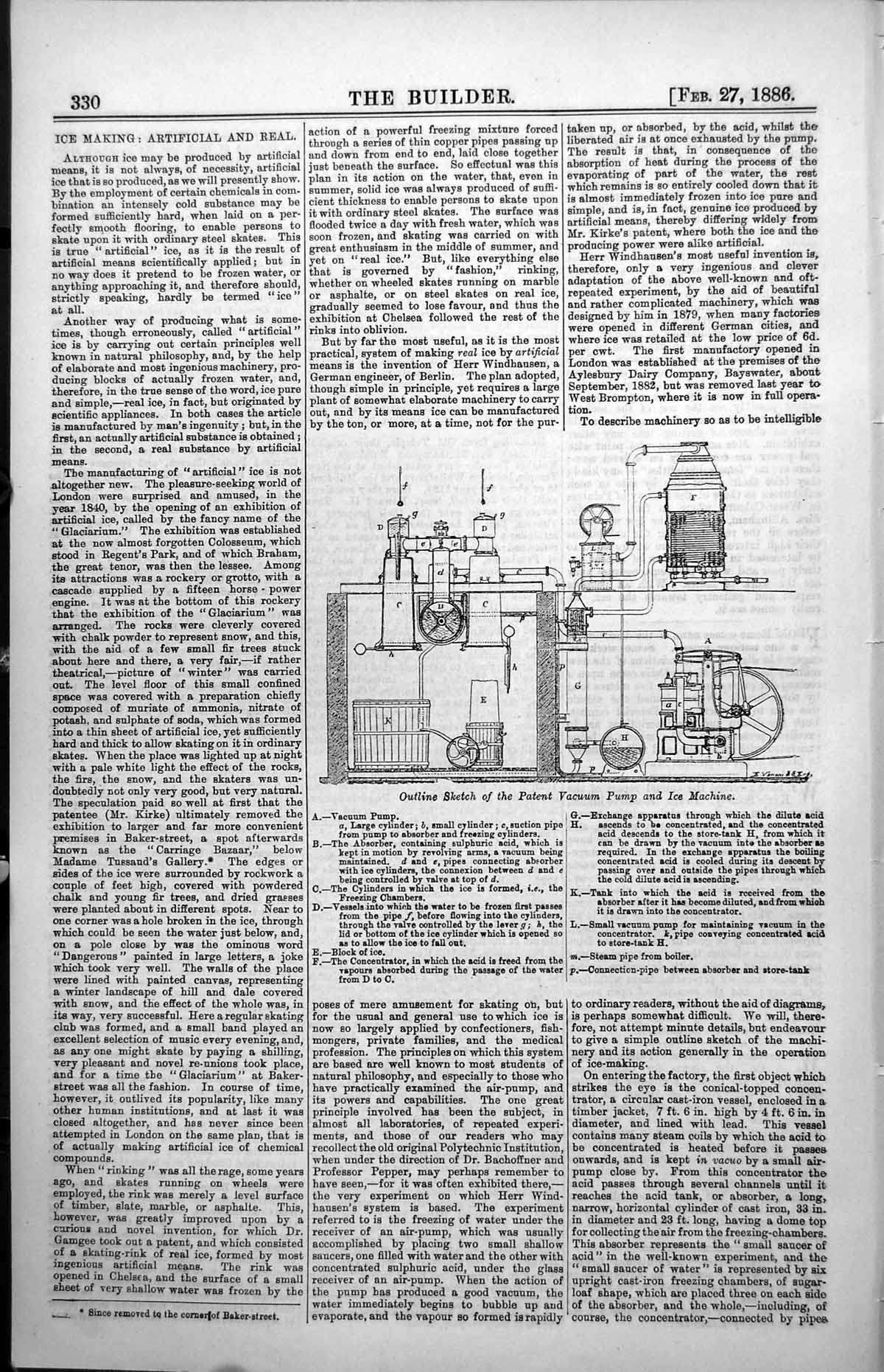 Old Print Sketch Patent Vacuum Pump Ice Machine Cylinders Tank Pipe 1886 19th