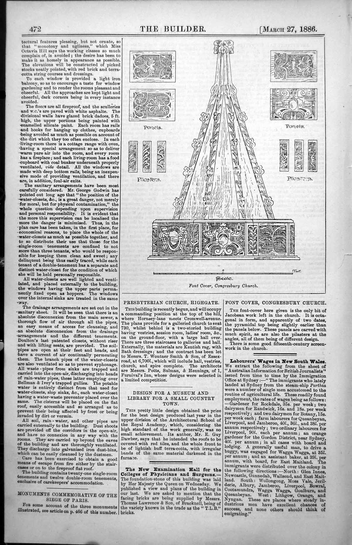 Original Old Antique Print Font Cover Congresbury Church Panels Plasters 1886