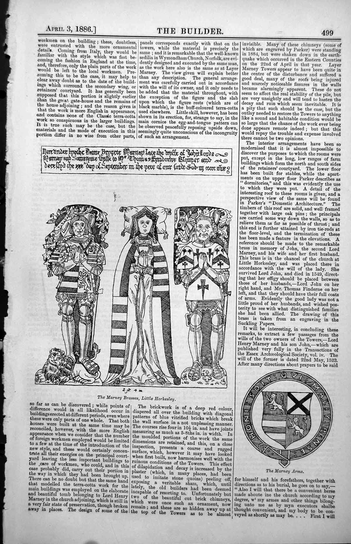 Original Old Antique Print Marney Brasses Little Horkesley Marney Arms 1886