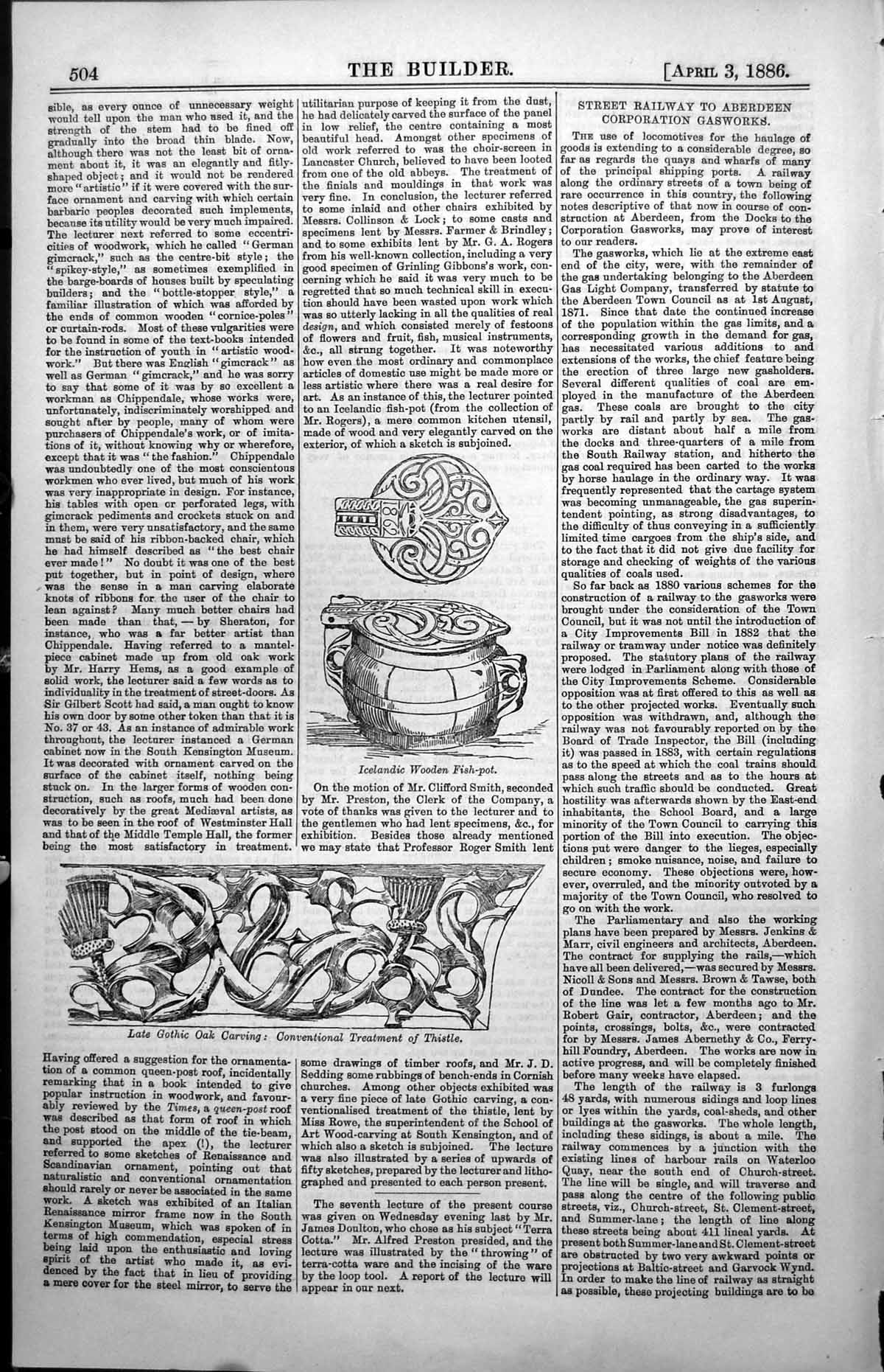 Old Print Icelandic Wooden Fish Pot Late Gothic Oak Carving Thistle 1886 19th