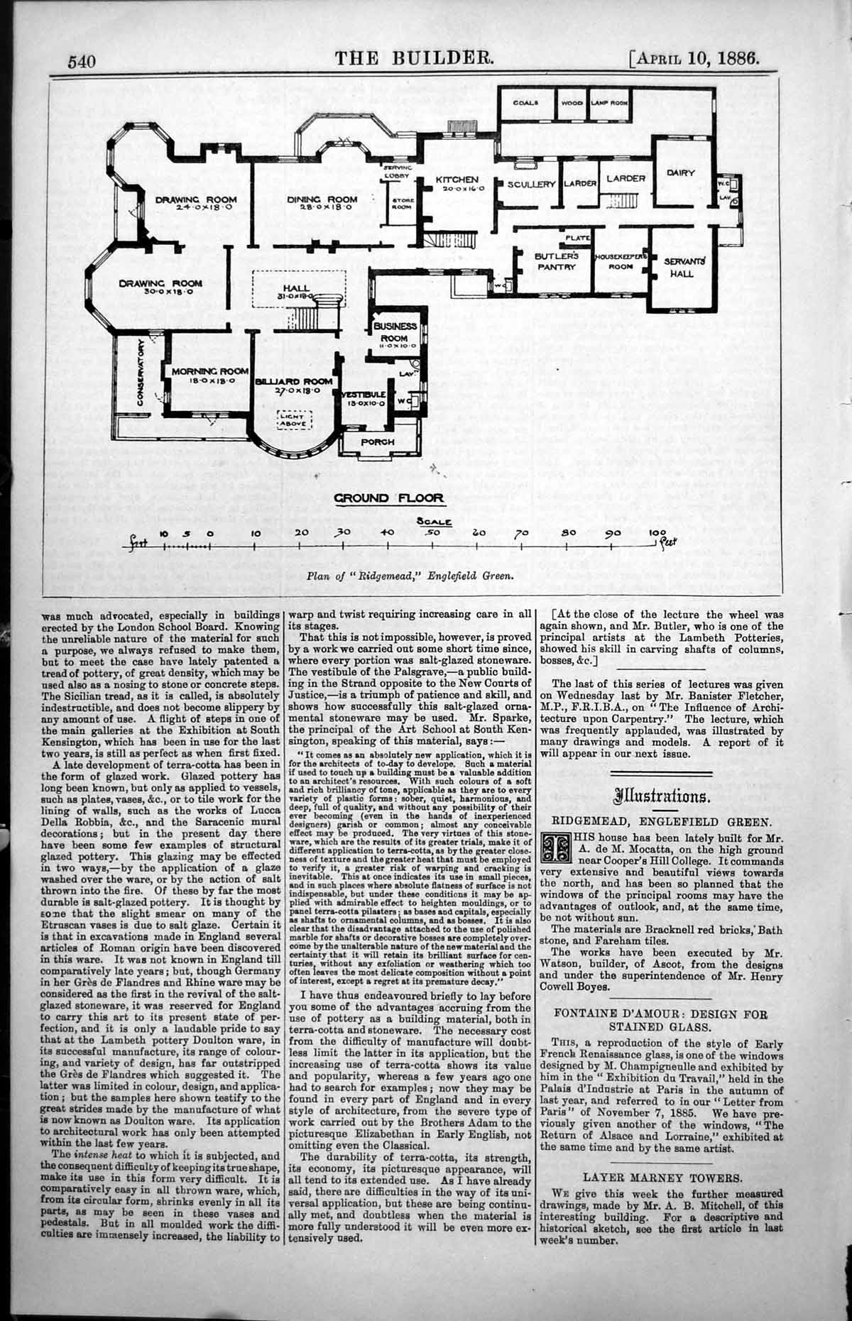 Old Print Plan Ridgemead Englefield Green Ground Floor Servants Hall 1886 19th