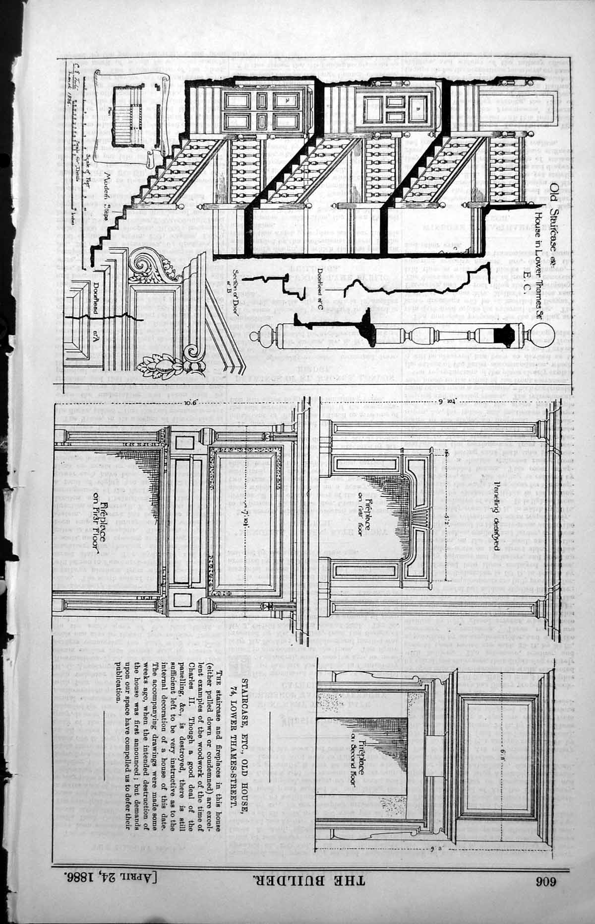 Antique Old Print Plans Staircase 74 Lower Thames St Fireplaces Woodwork 1886