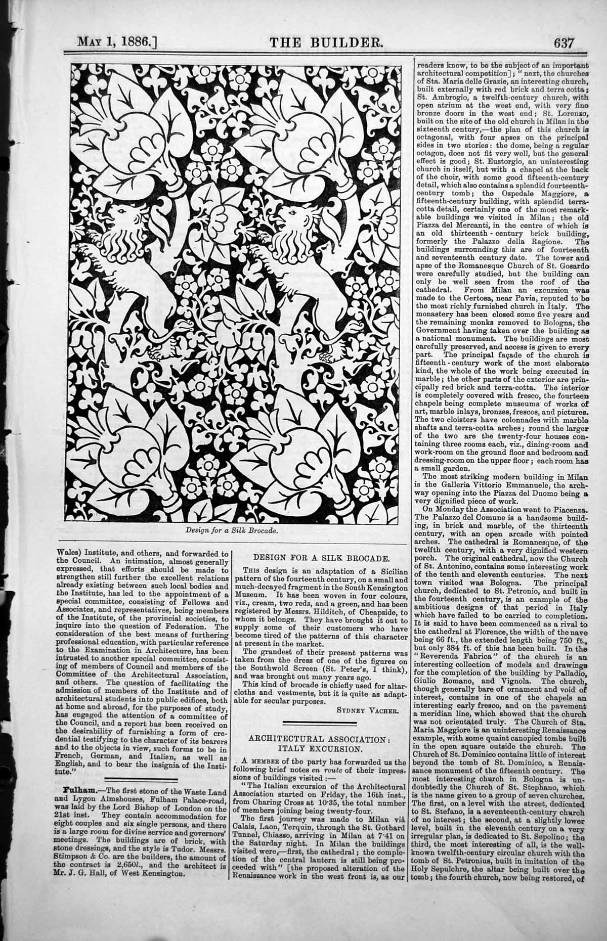 Old Antique Print Design Silk Brocade Ground Plan Fulham Vestry Hall 1886 19th