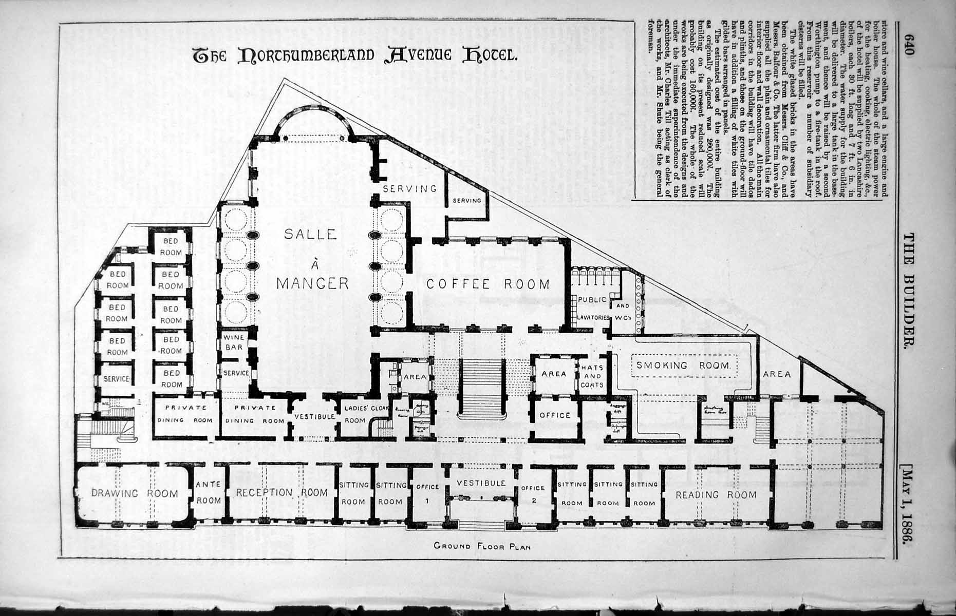 Antique Old Print Plan Northumberland Avenue Hotel Fulham Vestry Hall 1886 19th