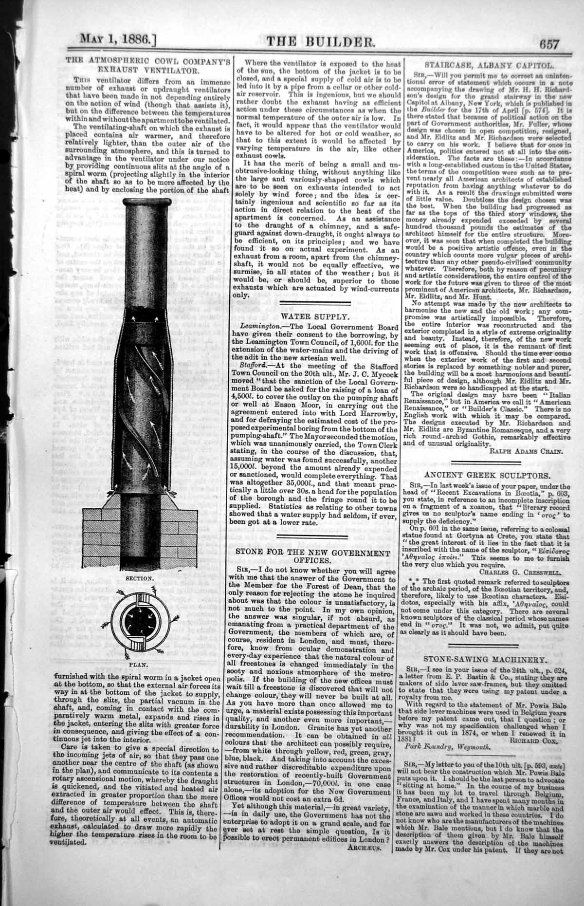 Old Print Atmospheric Cowl Companys Exhaust Ventilator Plan Section 1886 19th