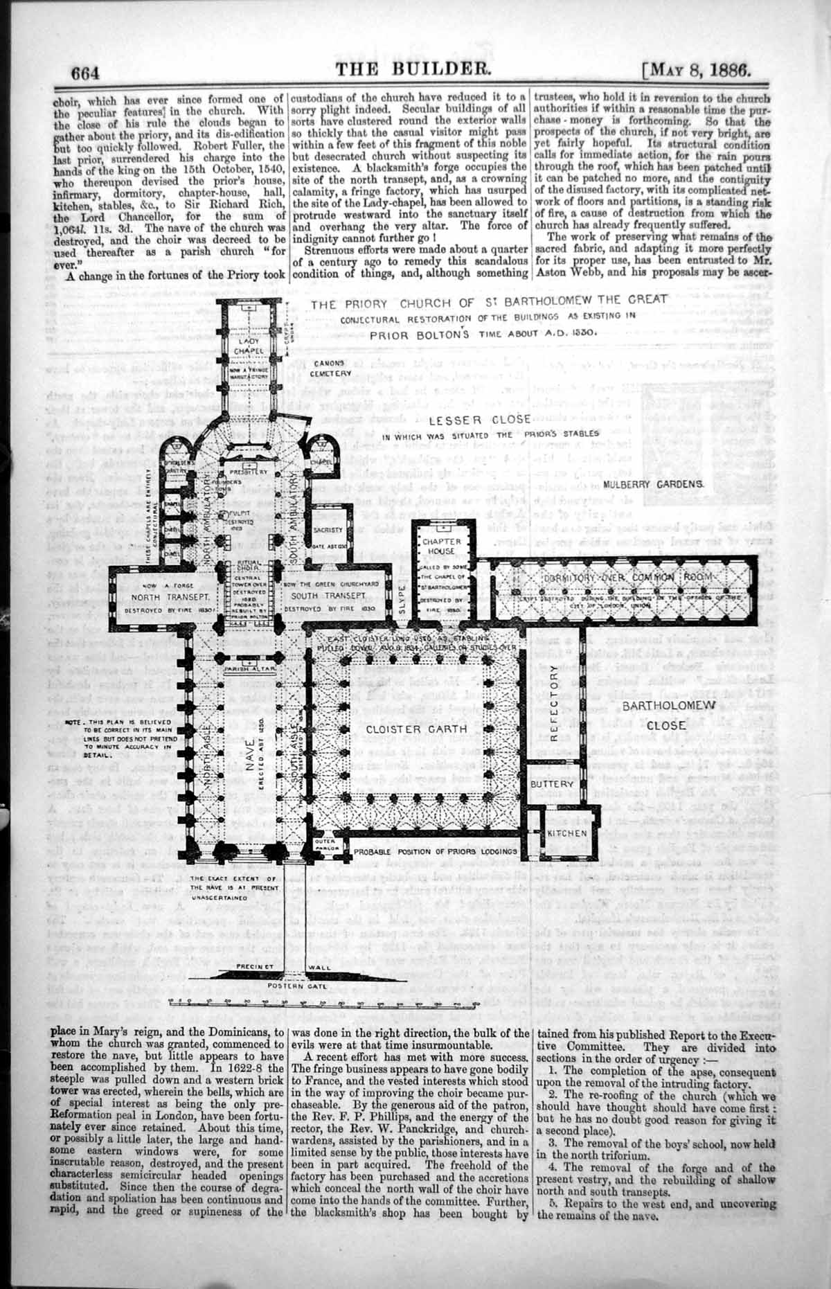 Antique Old Print Plans Priory Church St Bartholomew Great Restoration 1886