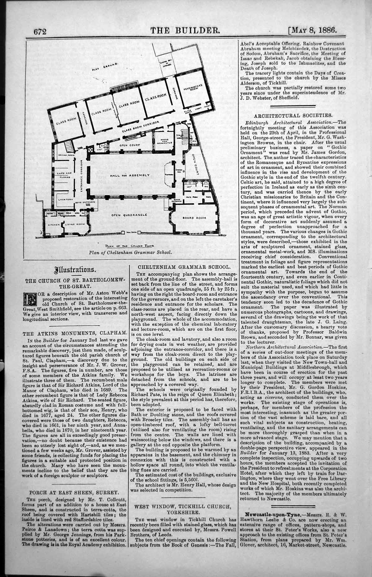 Antique Old Print Plan Cheltenham Grammar School Ground Floor Quadrangle 1886
