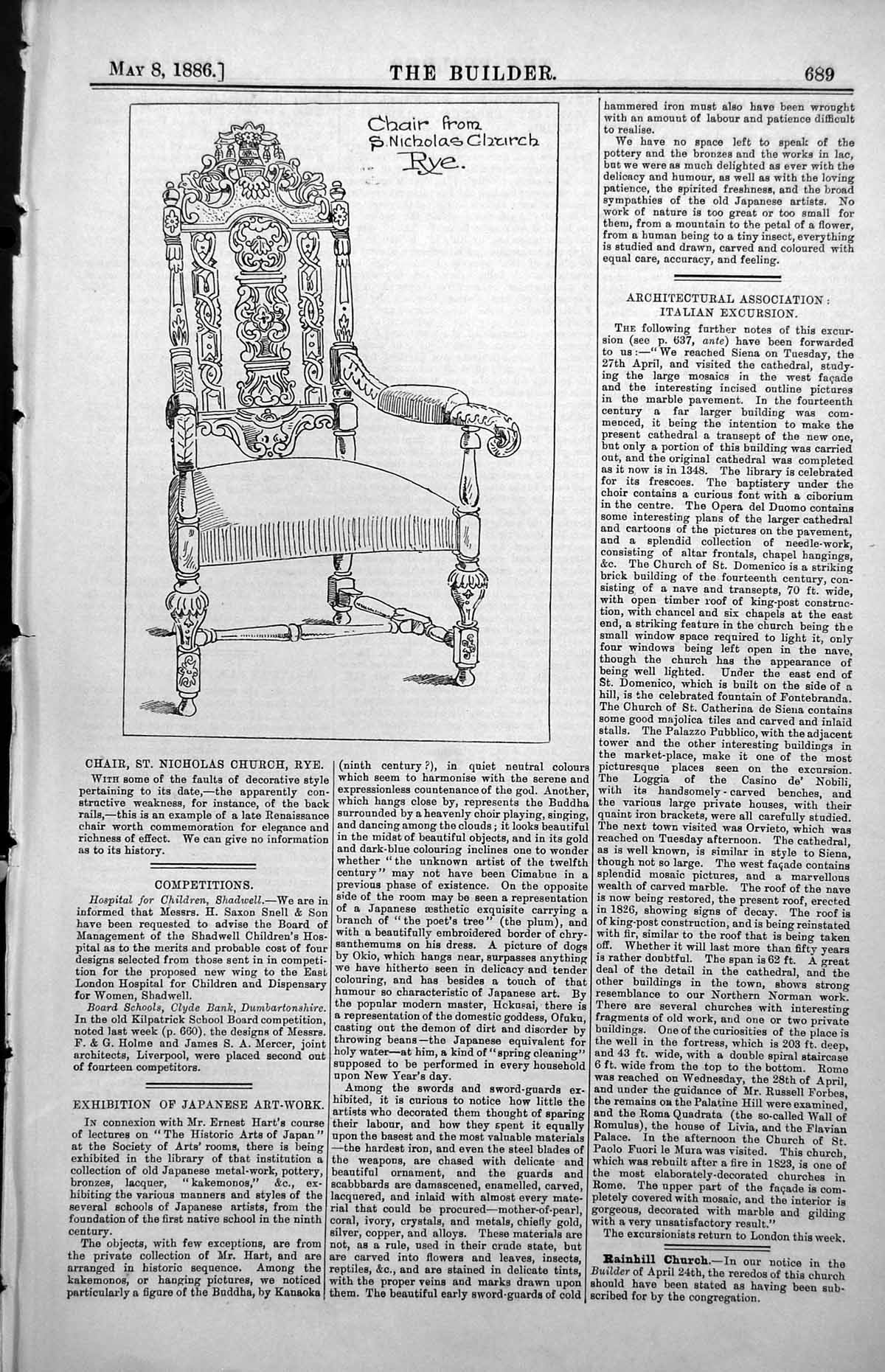 Old Print Chair St Nicholas Church Rye Renaissance Elegance Richness 1886 19th