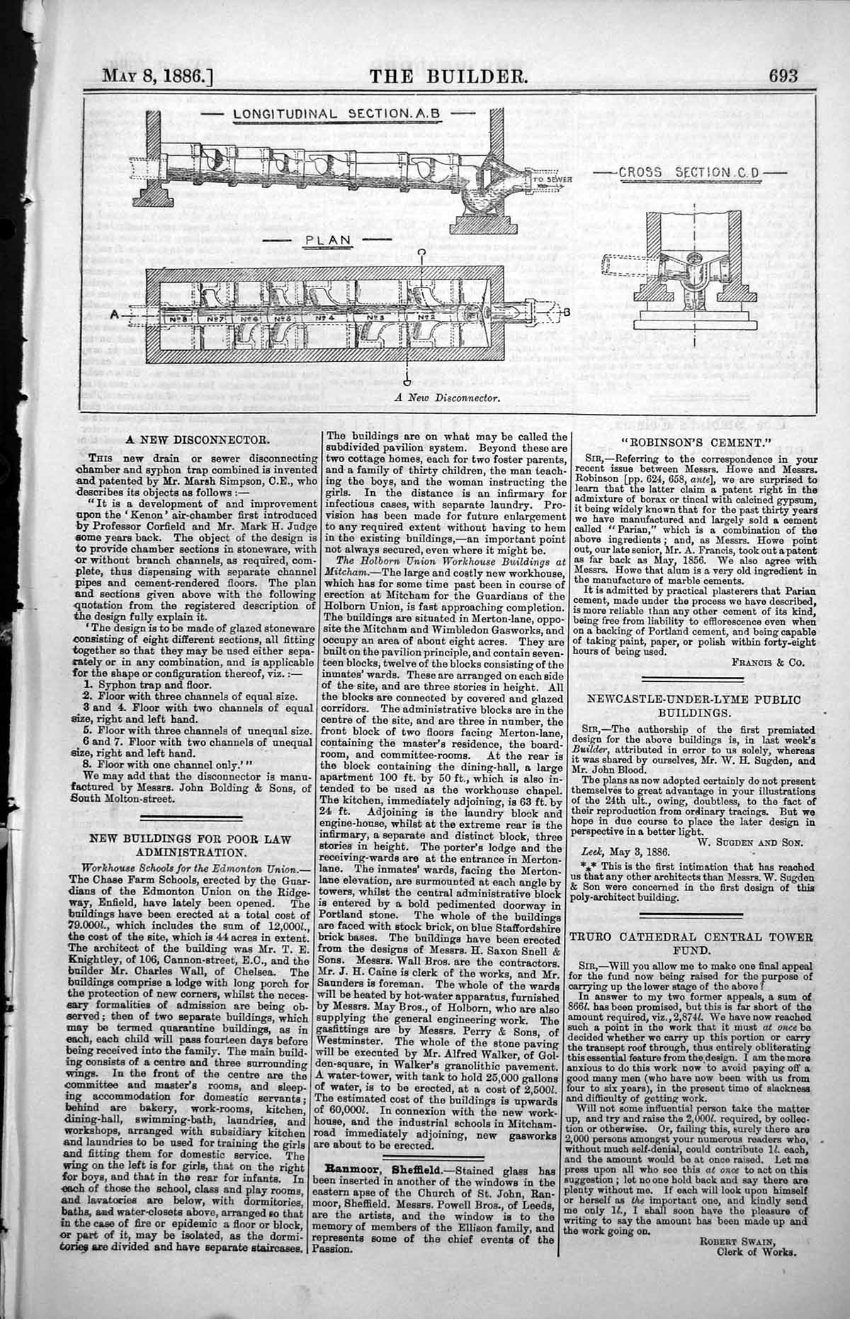 Antique Old Print New Disconnector Drain Sewer Syphon Trap Marsh Simpson 1886