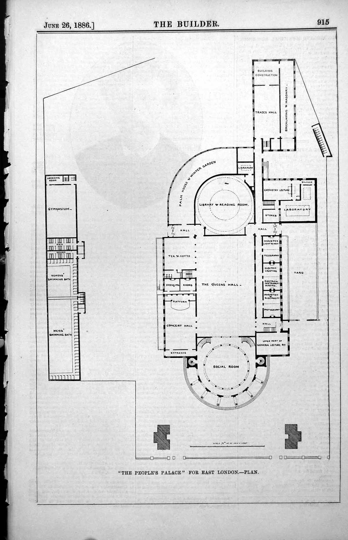 Old Antique Print Plan Peoples Palace East London M Charles Garnier 1886 19th