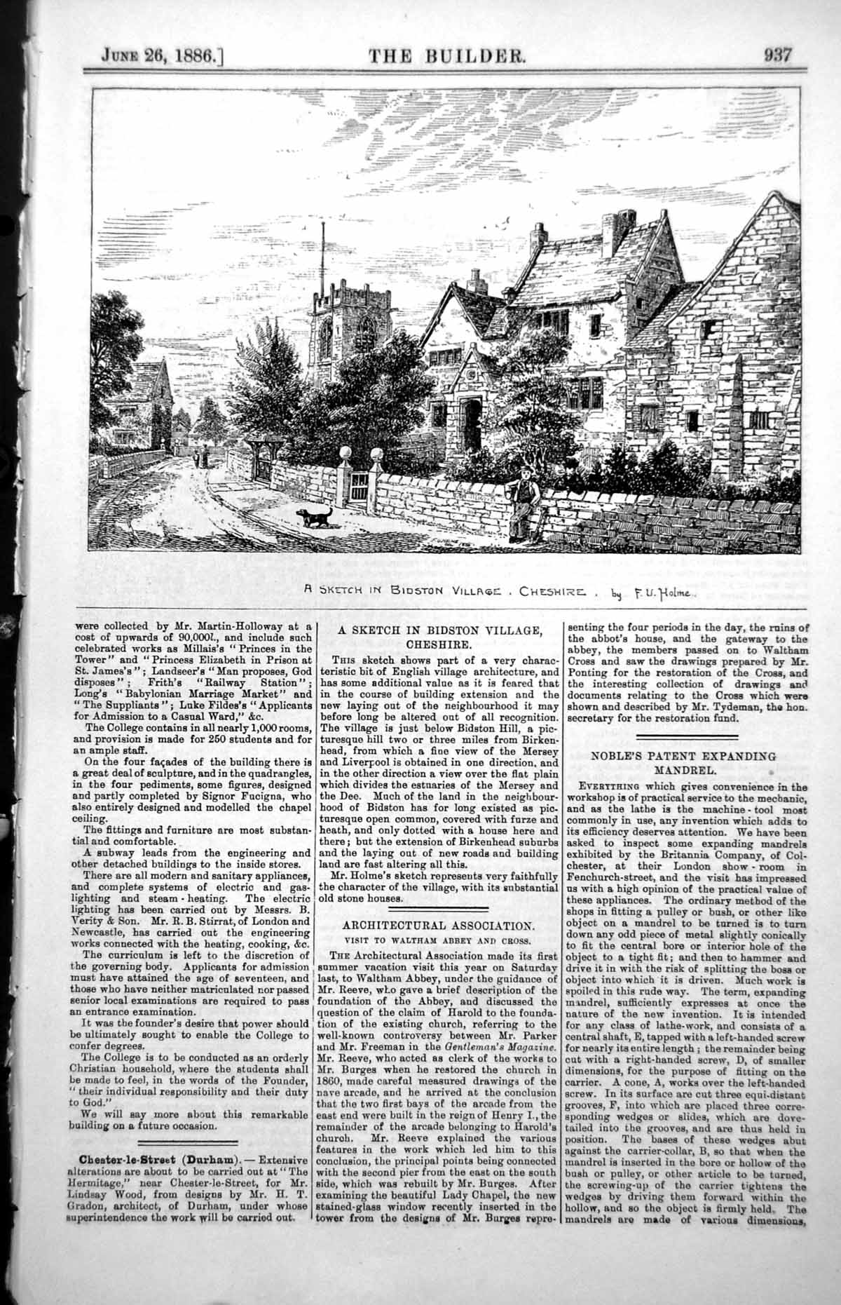 Old Print Bidston Village Cheshire F Holme Nobles Expanding Mandrel 1886 19th