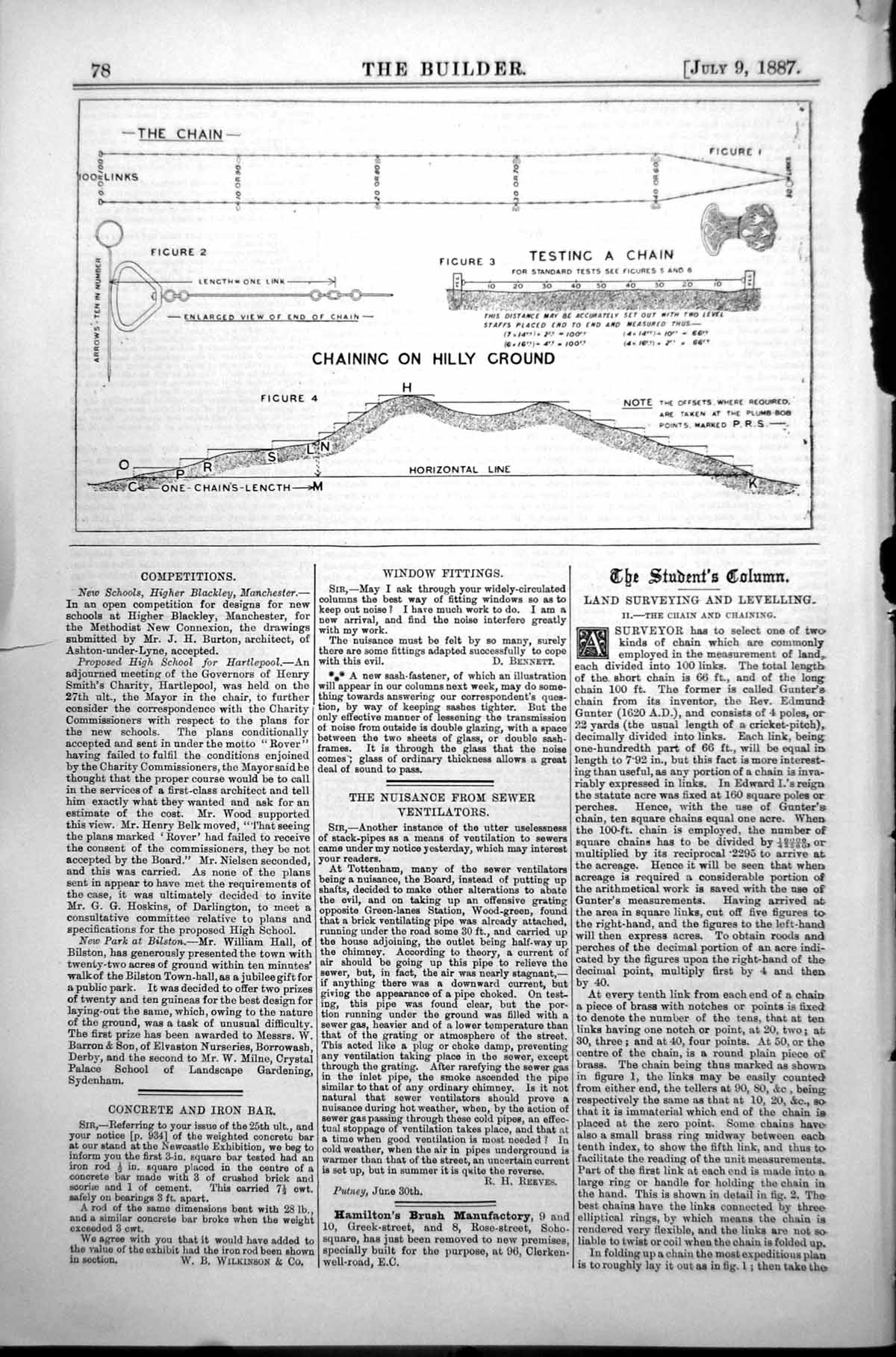 Antique Print Chaining On Hilly Ground Testing Chain Plumb Bob Points 1887 19th