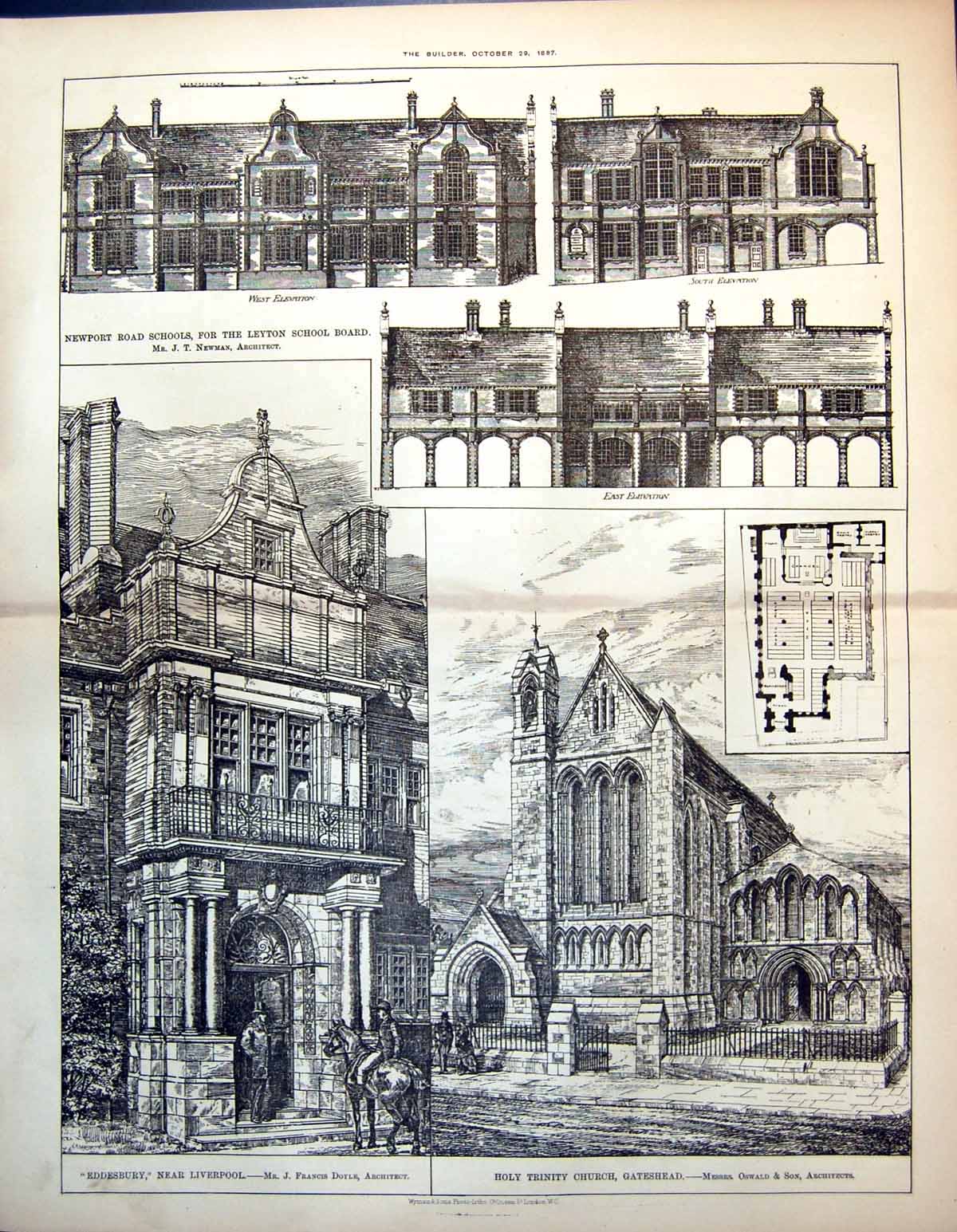 Old Design Admiralty War Offices Front Whitehall Glover & Salter 1884 19th