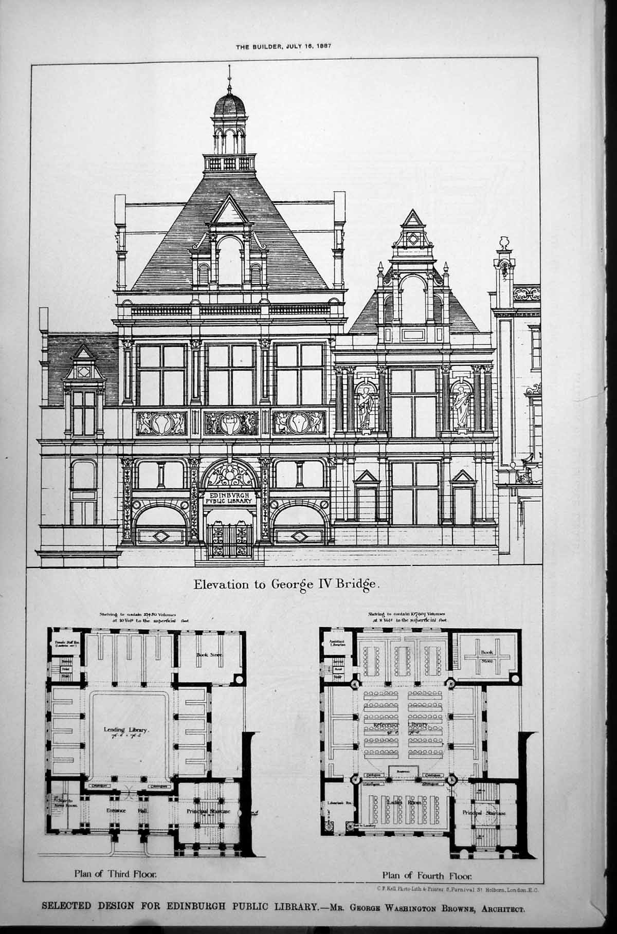 Old Design Edinburgh Public Library George Washington Browne Arch 1887 19th
