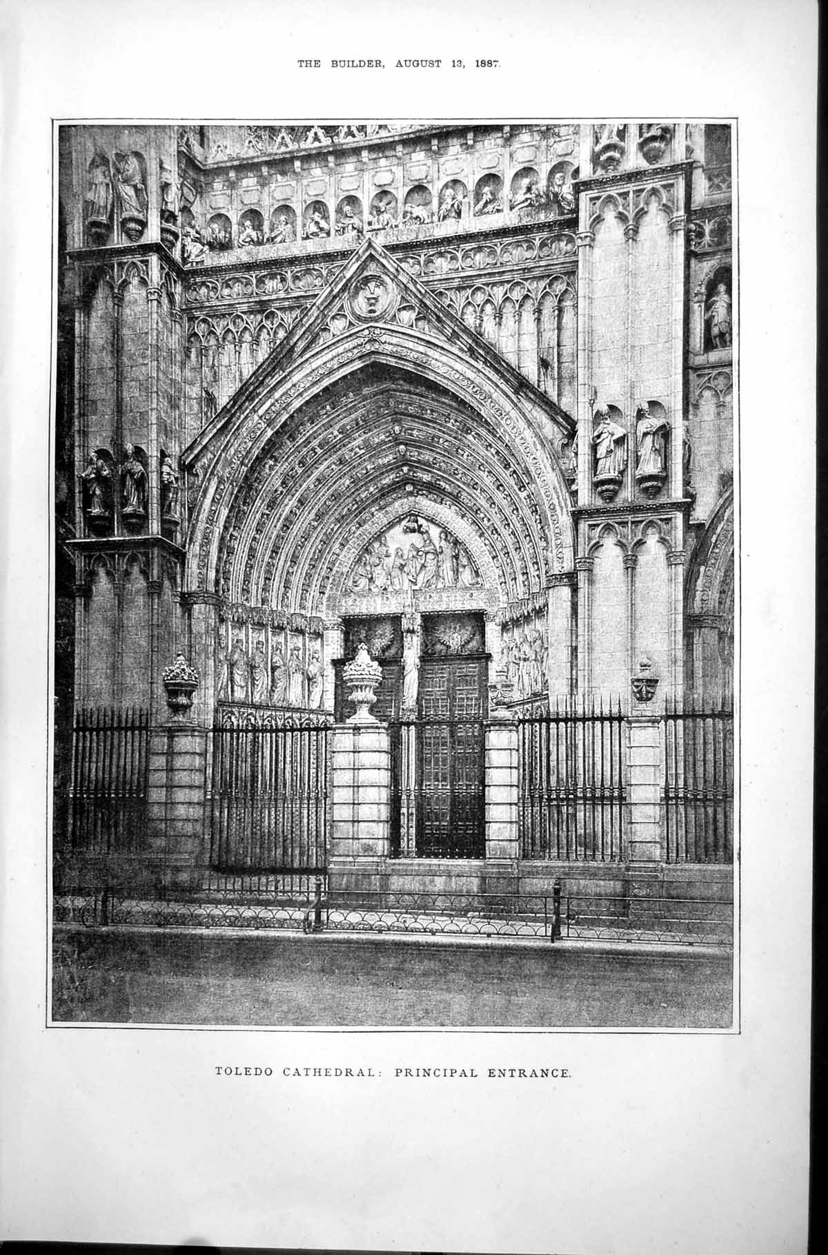 Old Print Toledo Roman Catholic Cathedral Spain Principal Entrance 1887 19th