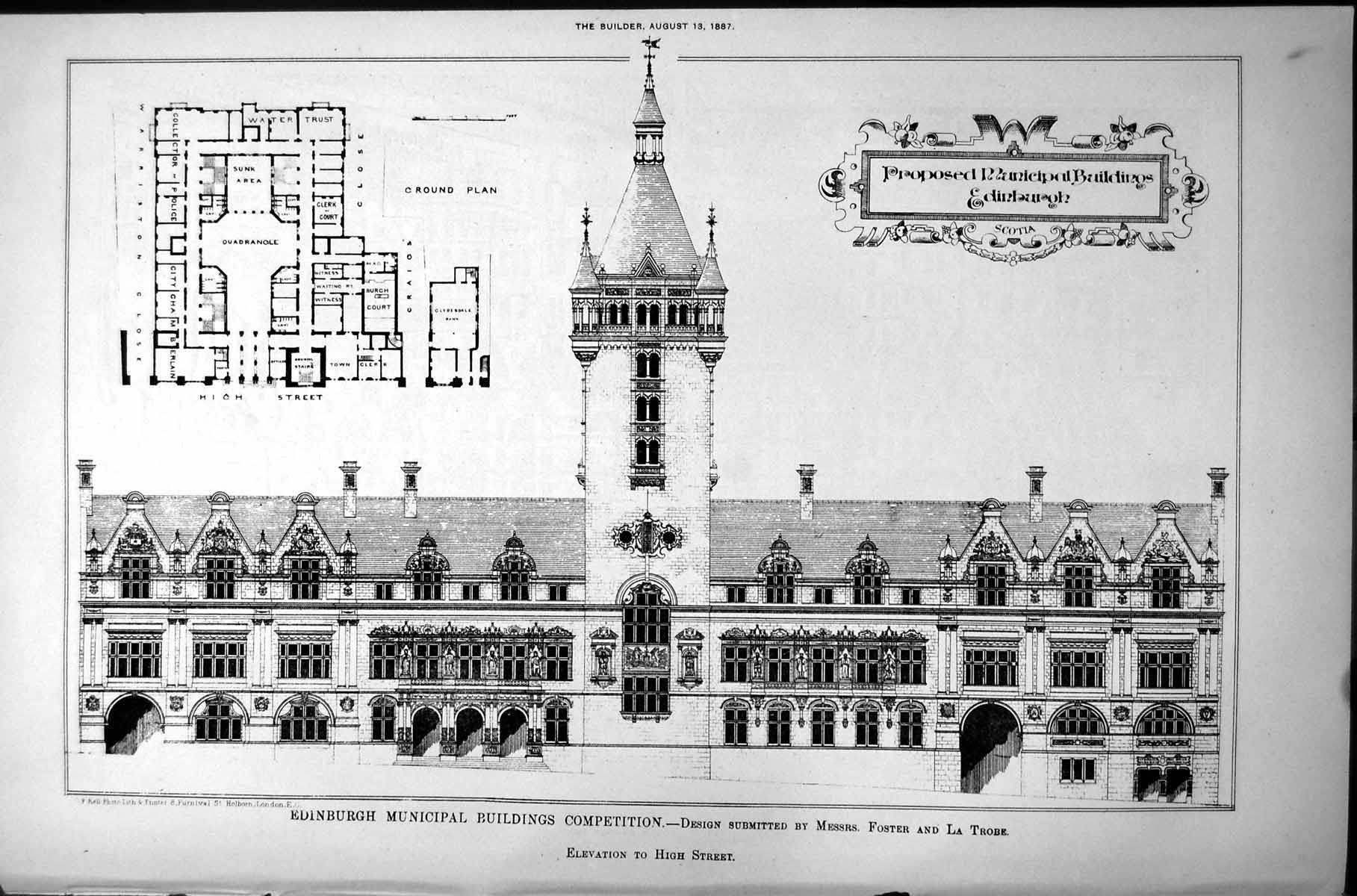 Old Print Edinburgh Municipal Buildings Elevation High St Foster La Trobe 1887
