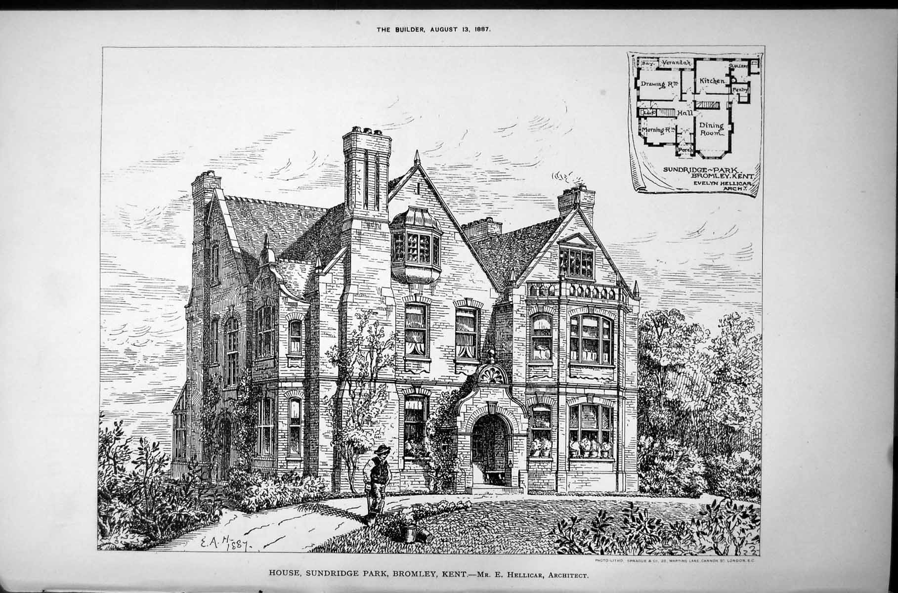 Antique Print House Sunbridge Park Bromley Kent E Hellicar Architect 1887 19th