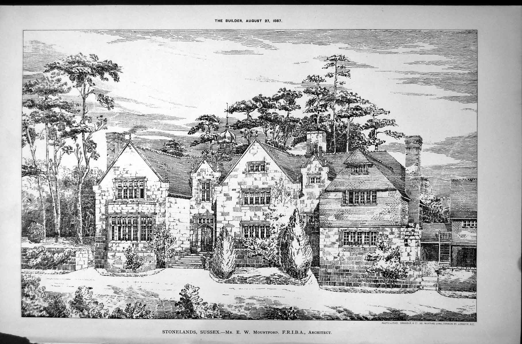Antique Old Print Stonelands Sussex E W Mountford Architect Large House 1887