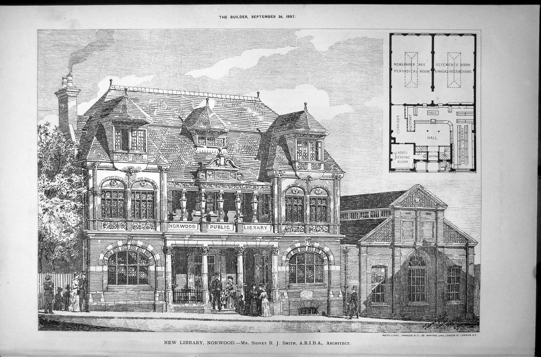Old Antique Print New Public Library Norwood Sidney Smith Architect 1887 19th