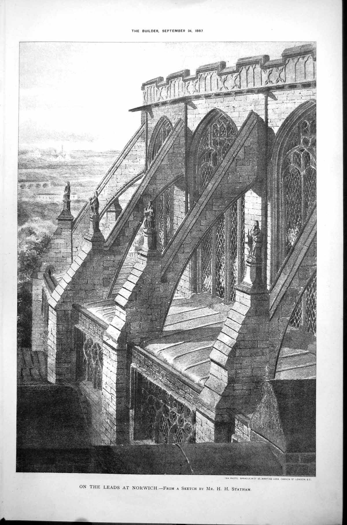 Original Old Antique Print On The Leads Norwich Sketch Mr H H Statham 1887