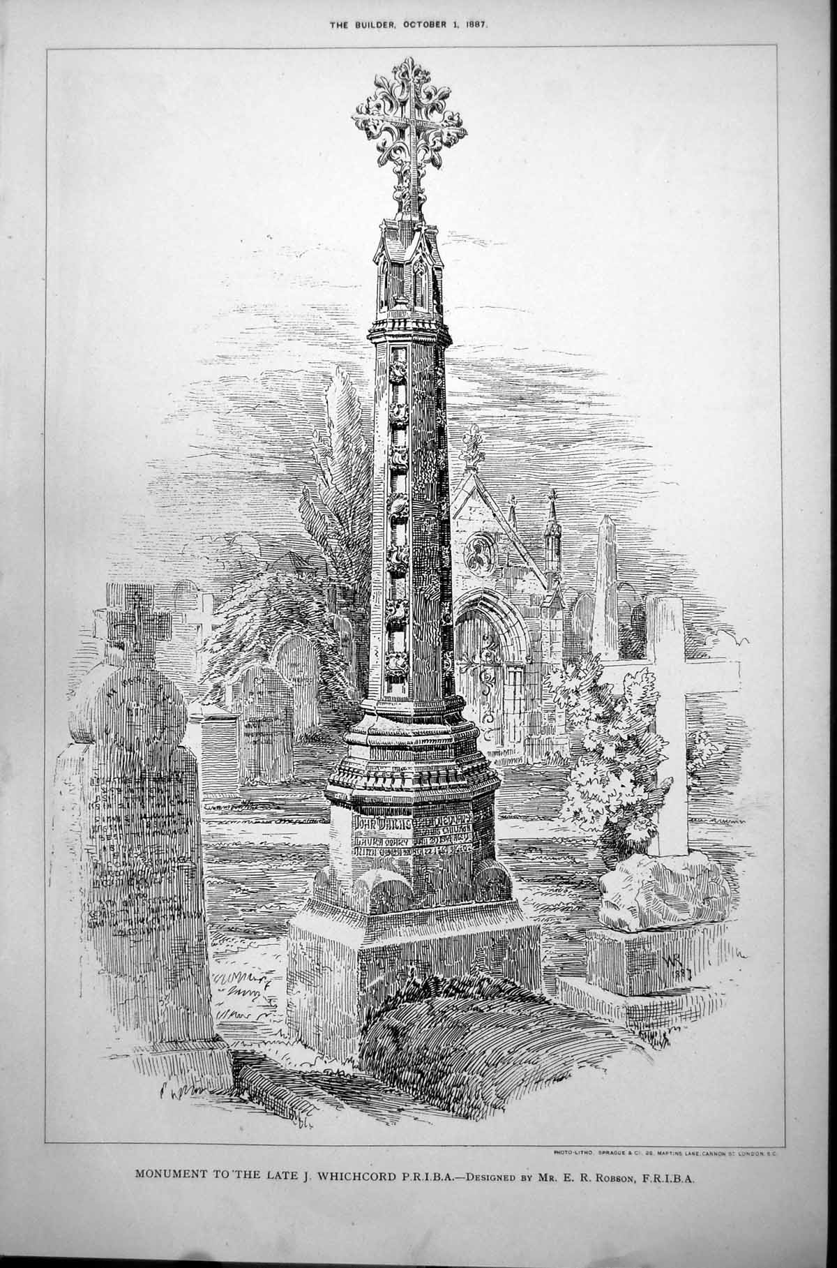 Antique Print Monument Late J Whichcord P R I B A Designed E R Robson 1887
