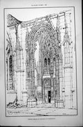 Original Old Antique Print North Porch Church Harfleur Normandy France 1887
