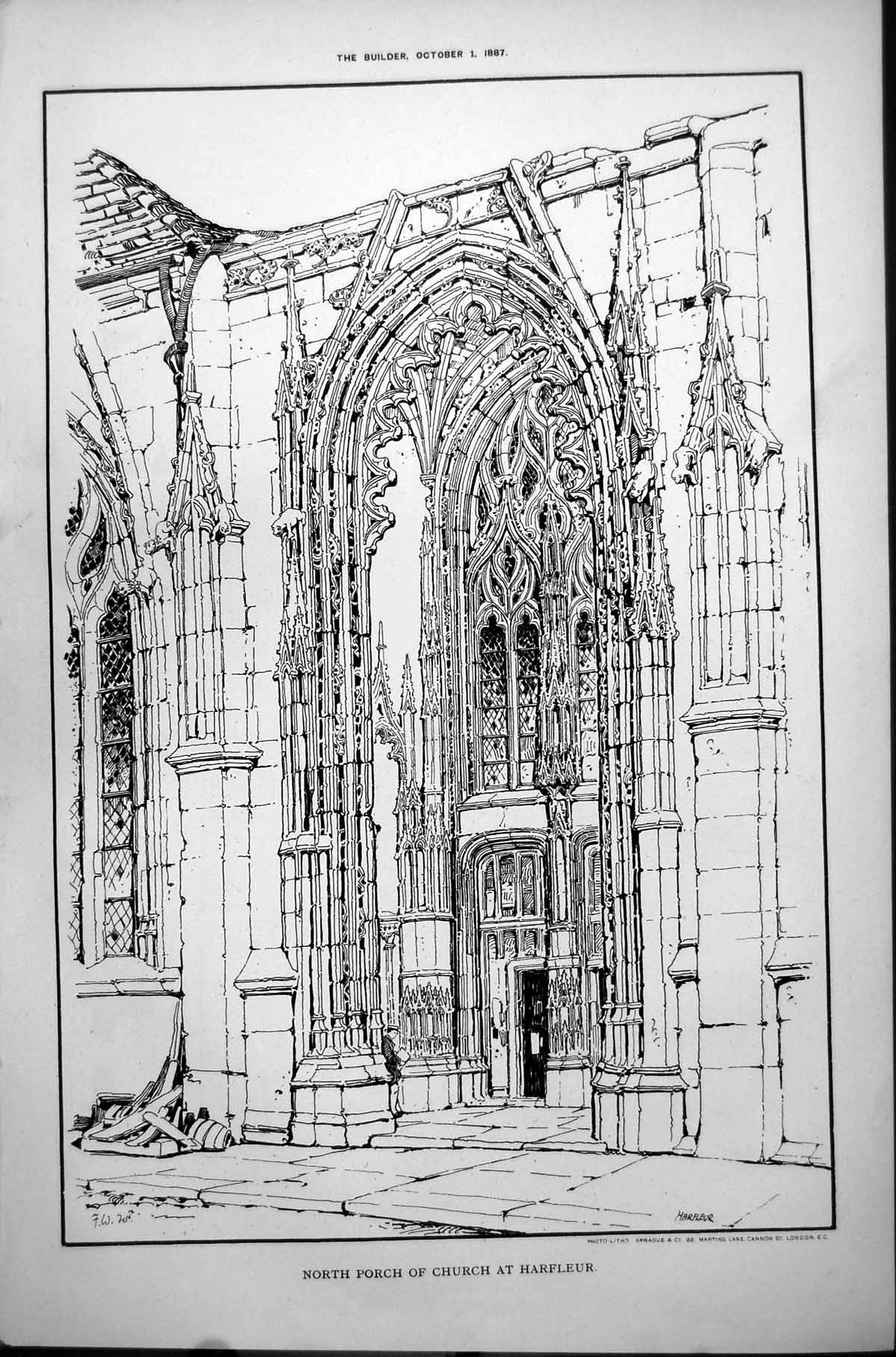 Original Old Antique Print North Porch Church Harfleur Normandy France 1887