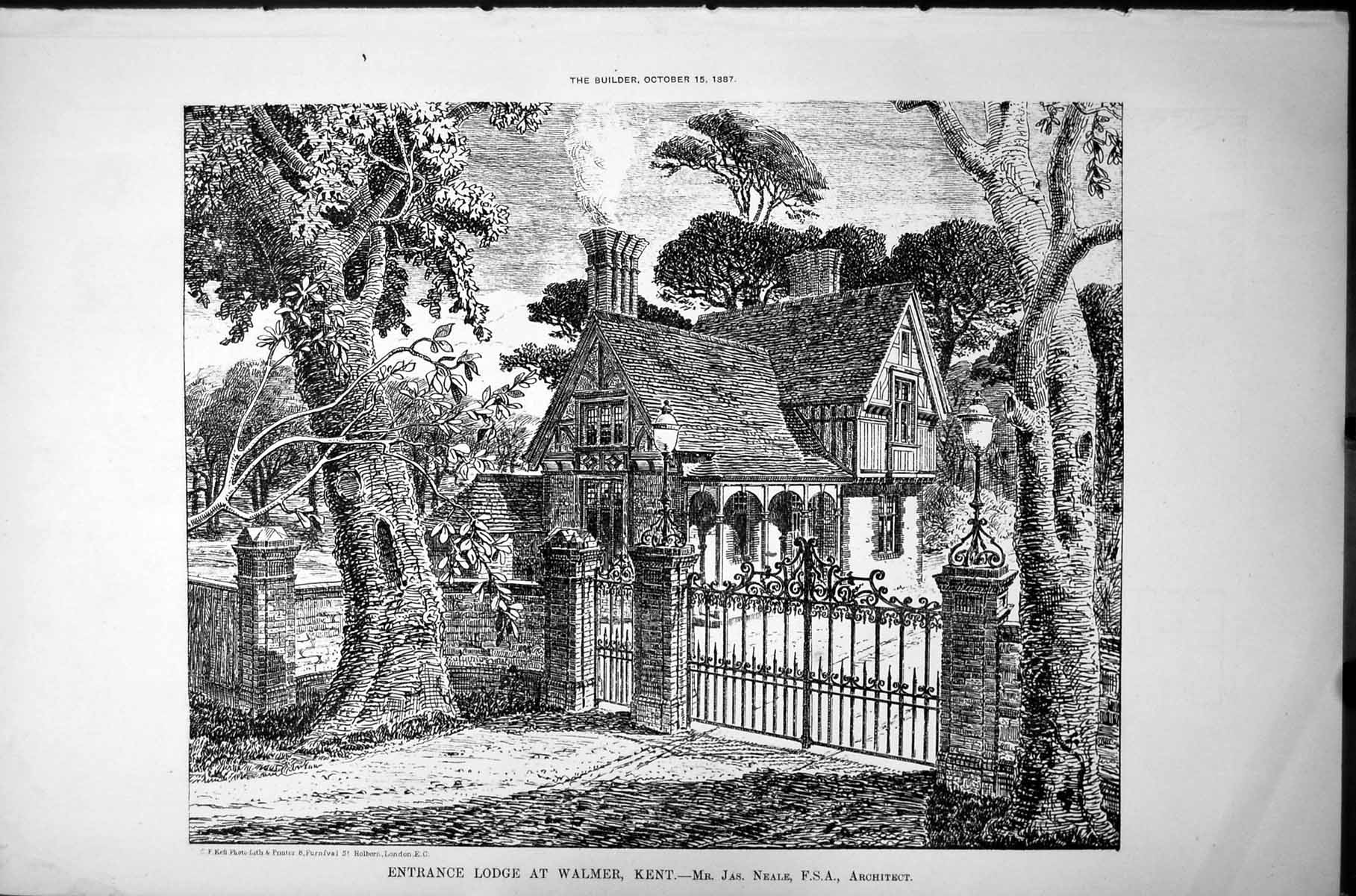 Old Antique Print Entrance Lodge Walmer Kent James Neale Architect 1887 19th