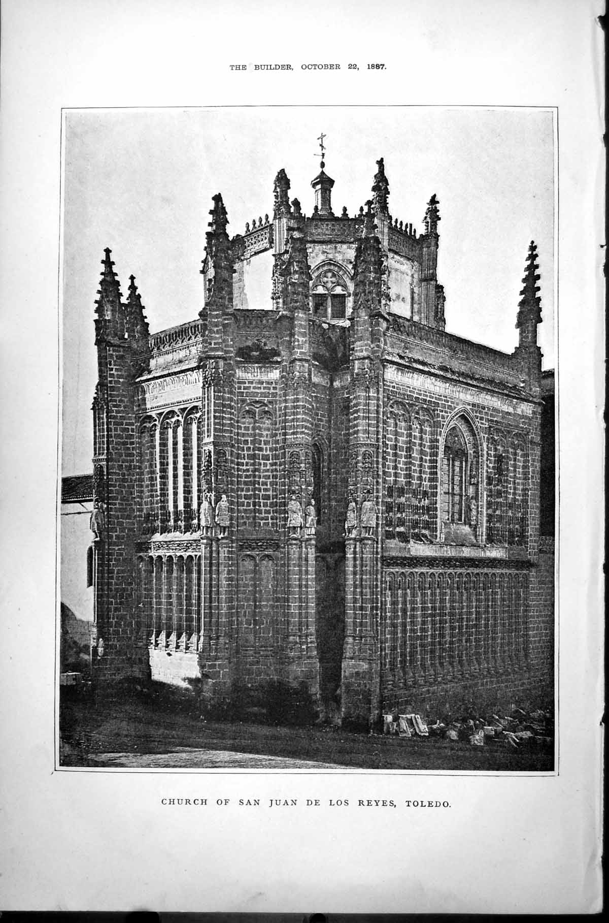 Original Old Antique Print Church San Juan De Los Reyes Toledo Spain 1887 19th