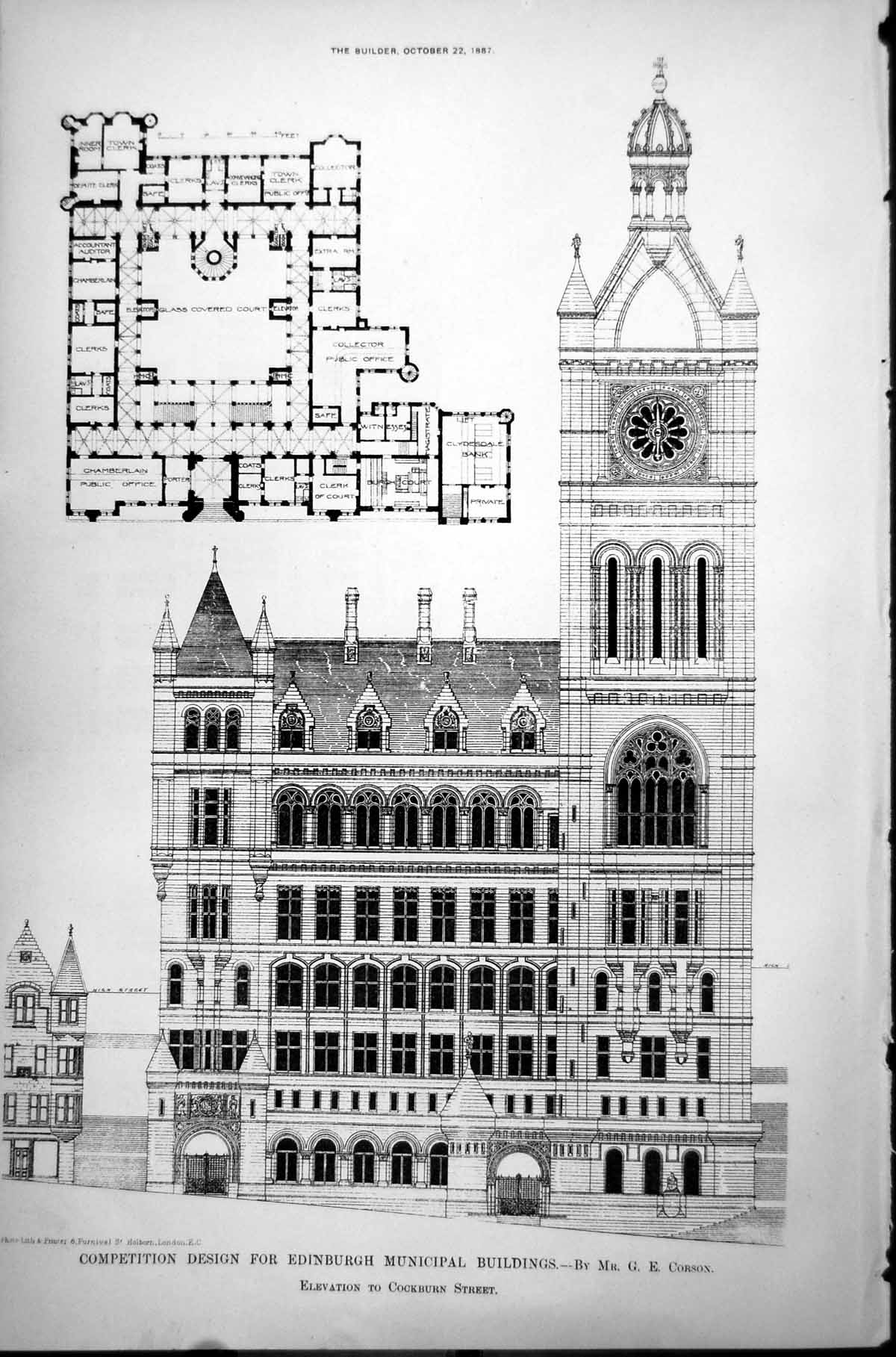 Old Design Edinburgh Municipal Buildings Elevation Cockburn St 1887Victorian
