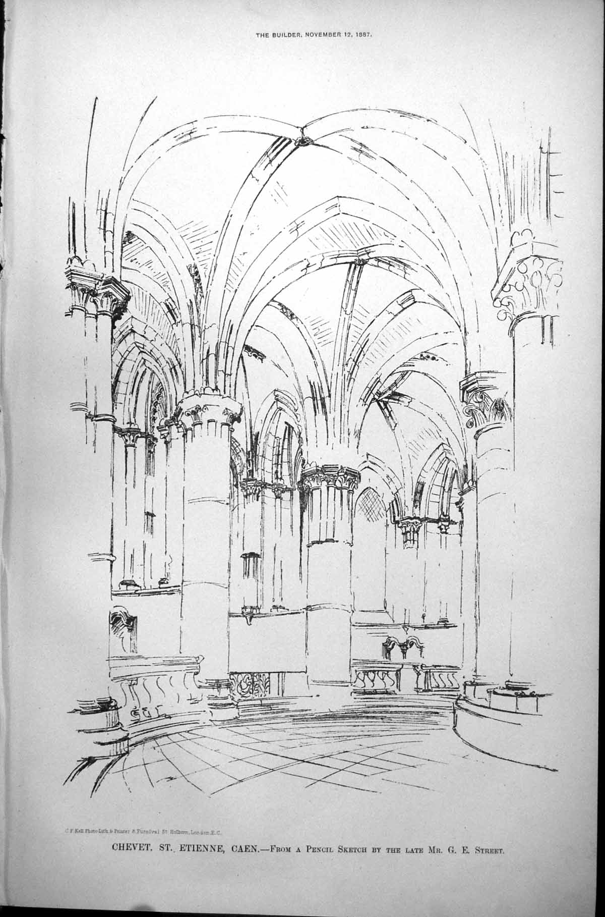 Antique Print Chevet St Etienne Cathedral Caen Pencil Sketch G Street 1887