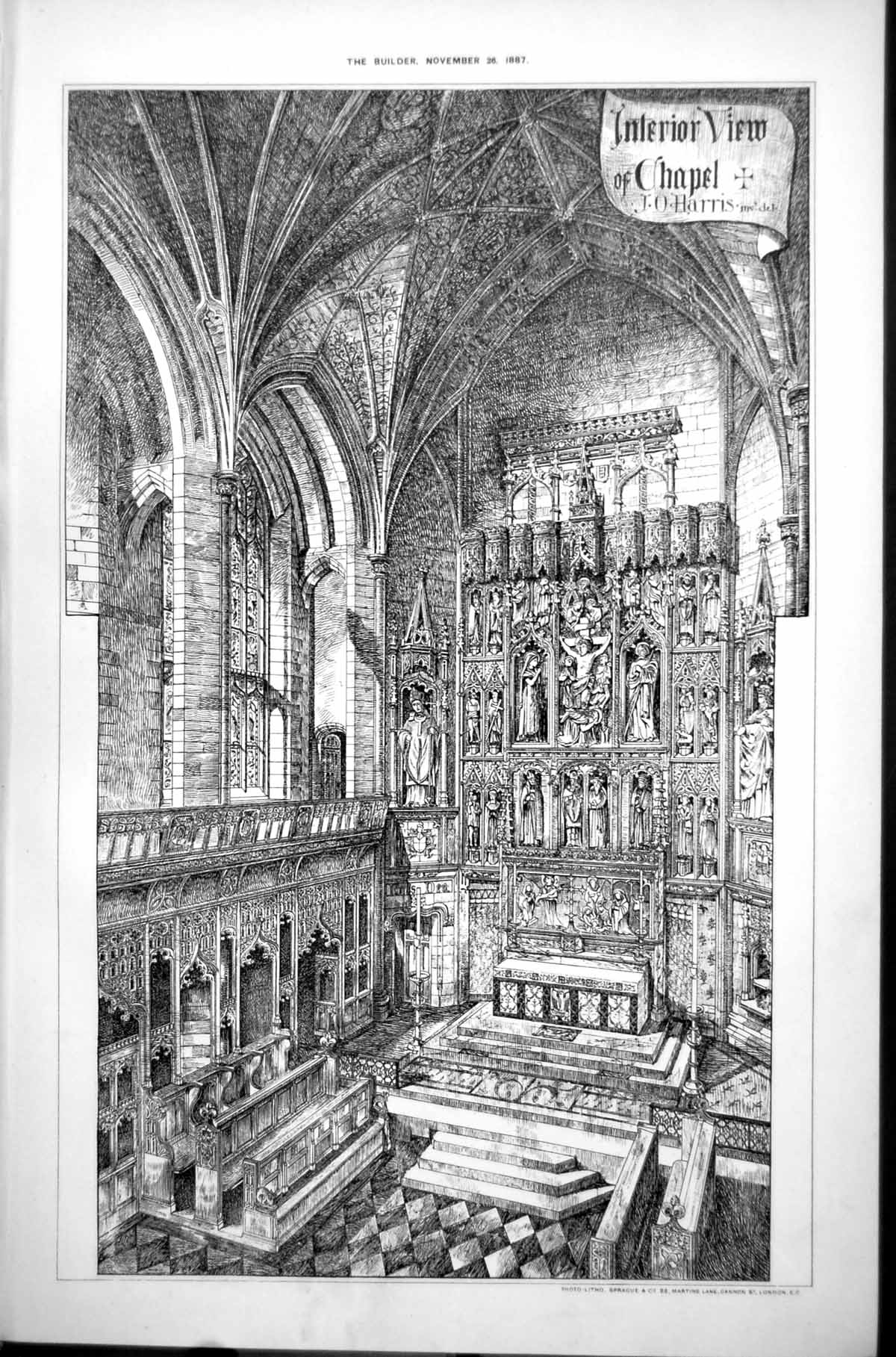 Old Antique Print Interior View Chapel Altar Sculptures J O Harris 1887 19th