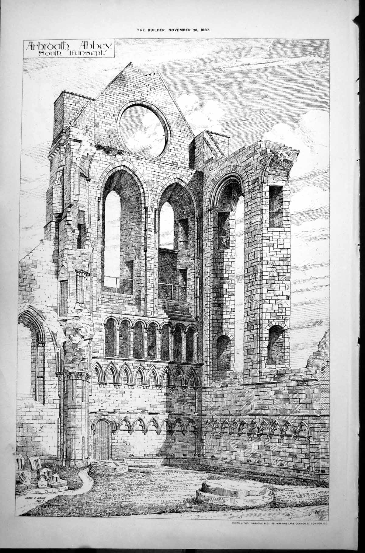 Original Old Antique Print Arbroath Abbey Scotland South Transept 1887 19th