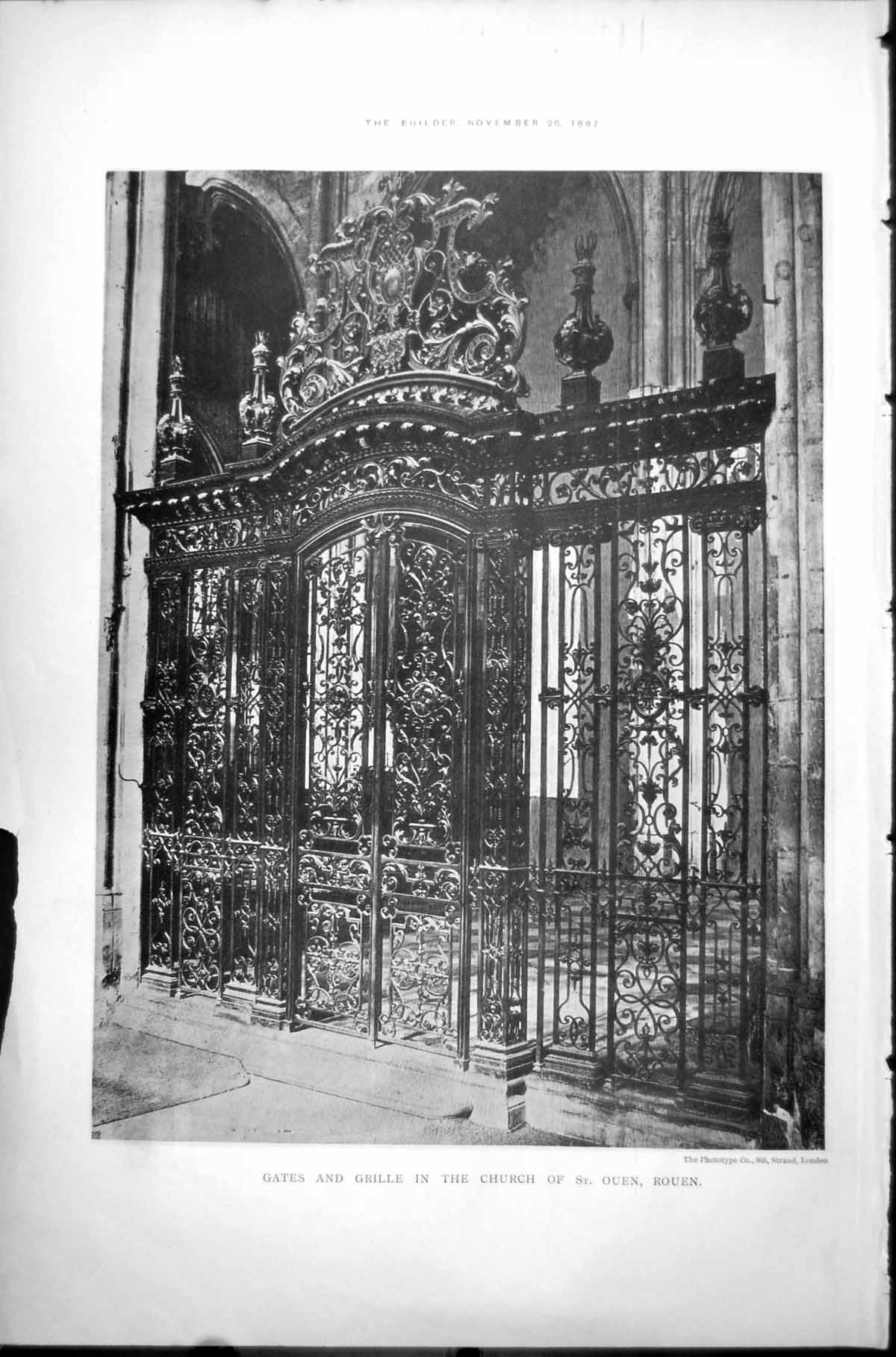 Original Old Antique Print Gates And Grille Church St Ouen Rouen 1887 19th